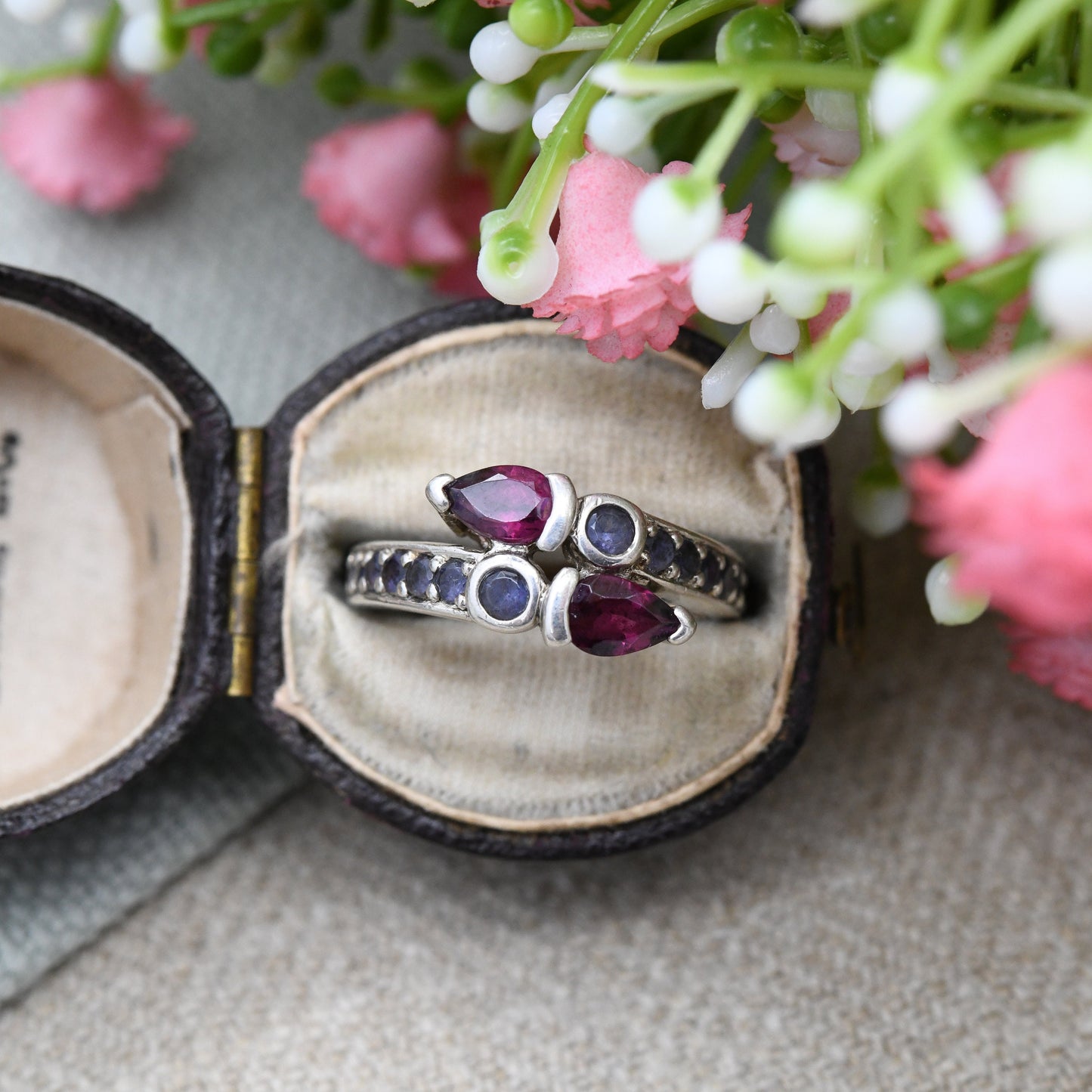 Vintage Sterling Silver Gemstone Bypass Snake Ring - Pink and Purple Gemstones | Pretty Gift Ring | UK Size - N | US Size - 6 3/4