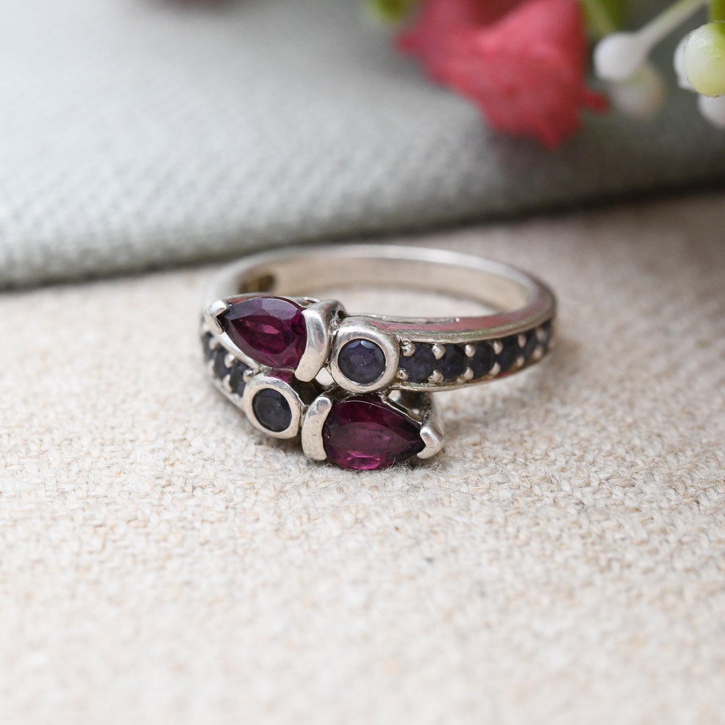 Vintage Sterling Silver Gemstone Bypass Snake Ring - Pink and Purple Gemstones | Pretty Gift Ring | UK Size - N | US Size - 6 3/4