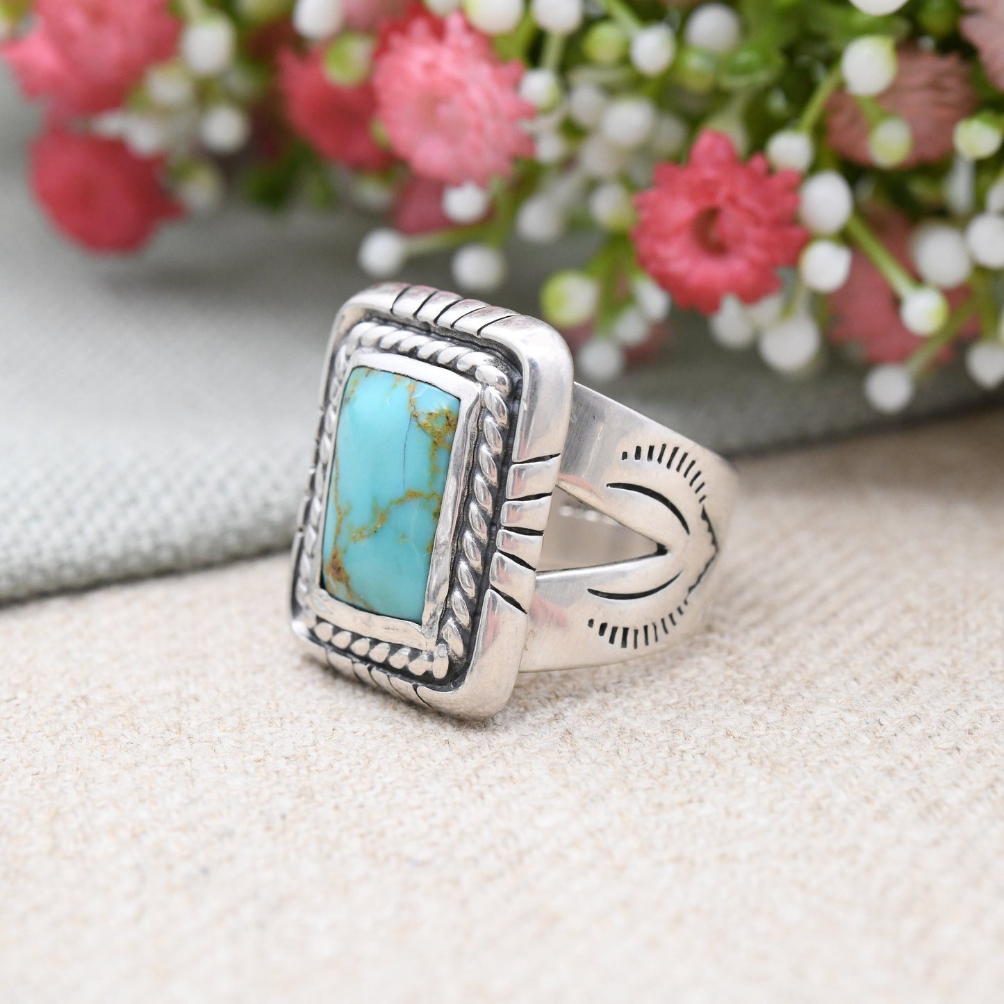 Vintage Sterling Silver Turquoise Ring 1995 Large Statement QVC Designer - Southwestern Silver Engraving | UK Size - R | US Size - 8 1/2