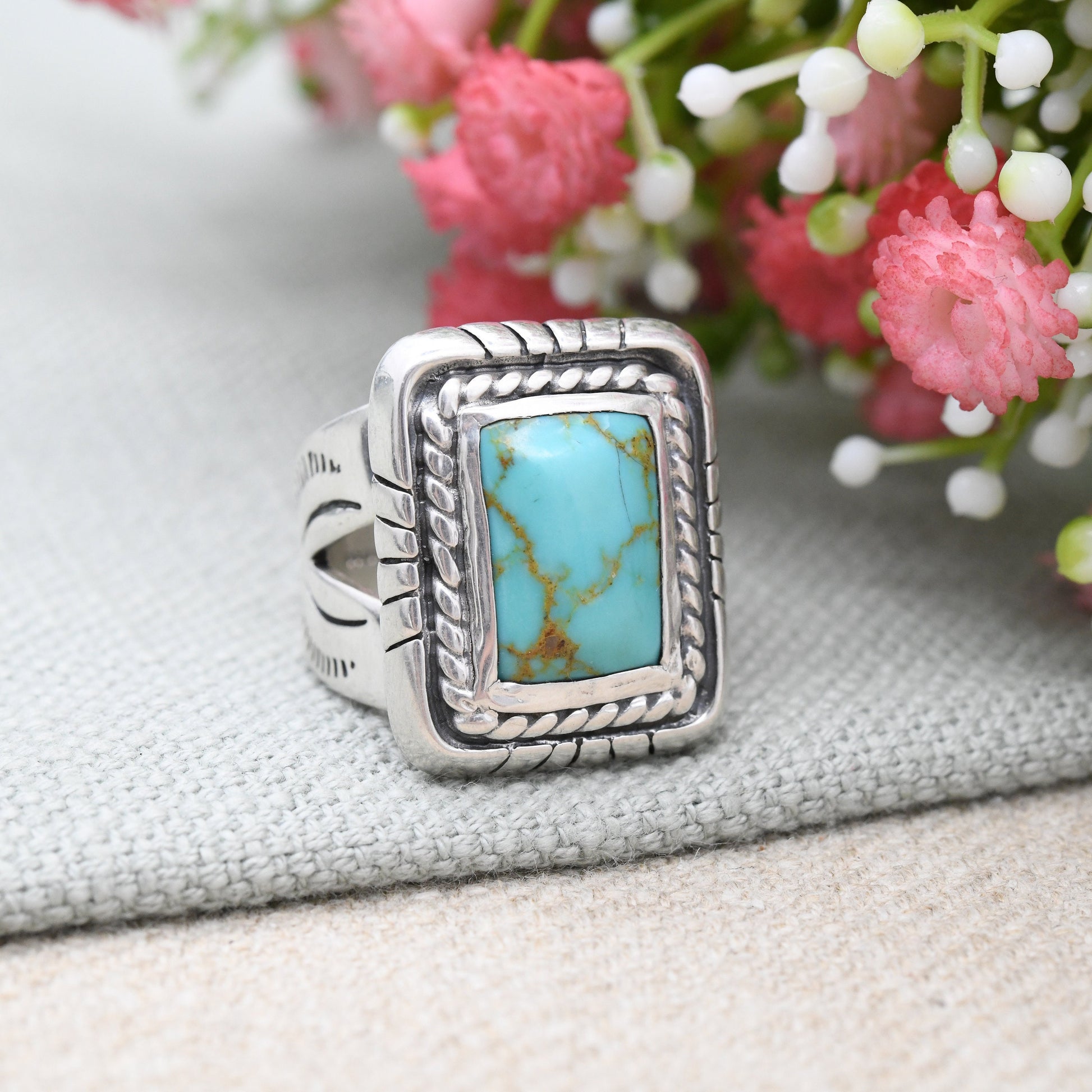 Vintage Sterling Silver Turquoise Ring 1995 Large Statement QVC Designer - Southwestern Silver Engraving | UK Size - R | US Size - 8 1/2