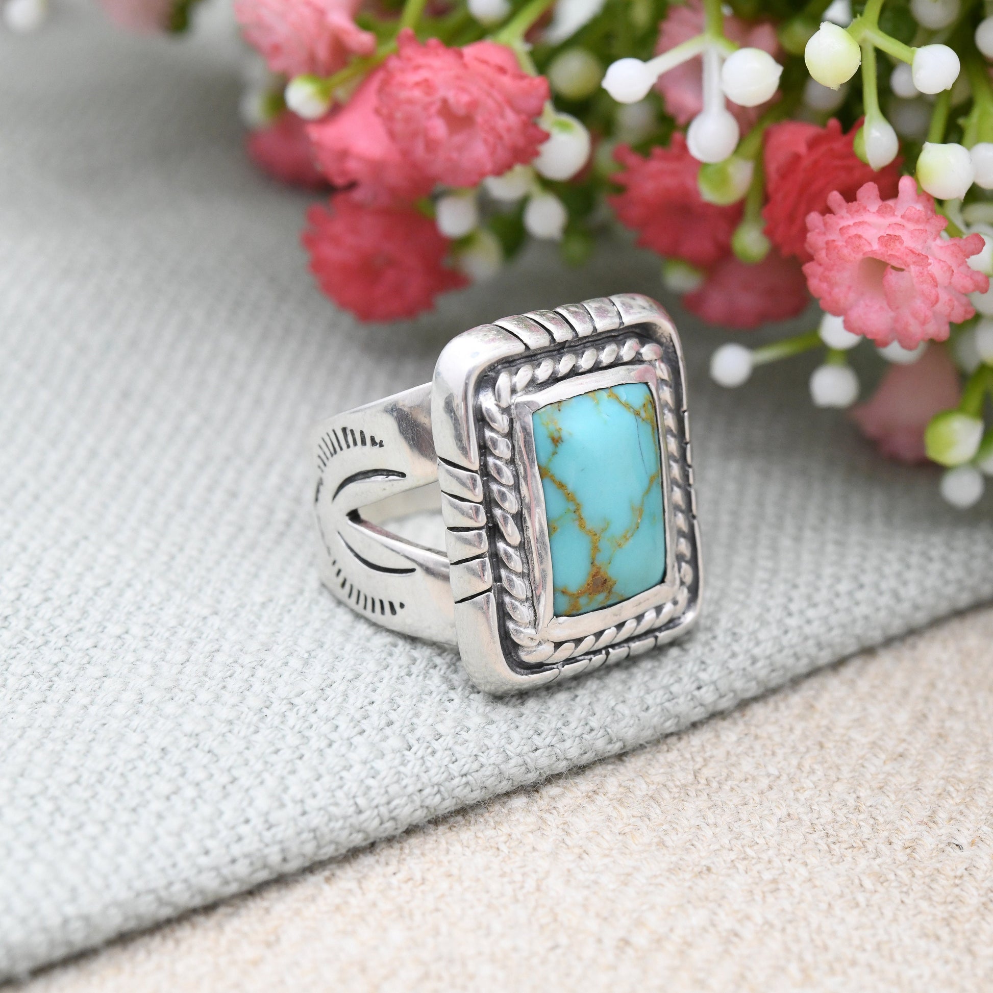 Vintage Sterling Silver Turquoise Ring 1995 Large Statement QVC Designer - Southwestern Silver Engraving | UK Size - R | US Size - 8 1/2