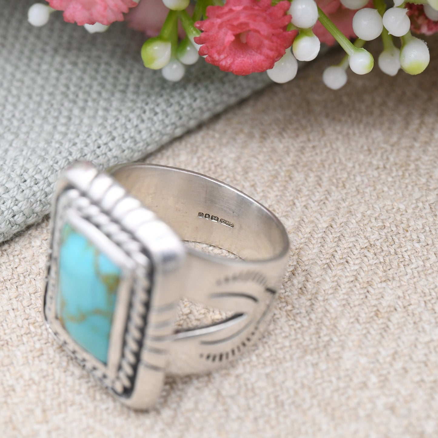 Vintage Sterling Silver Turquoise Ring 1995 Large Statement QVC Designer - Southwestern Silver Engraving | UK Size - R | US Size - 8 1/2