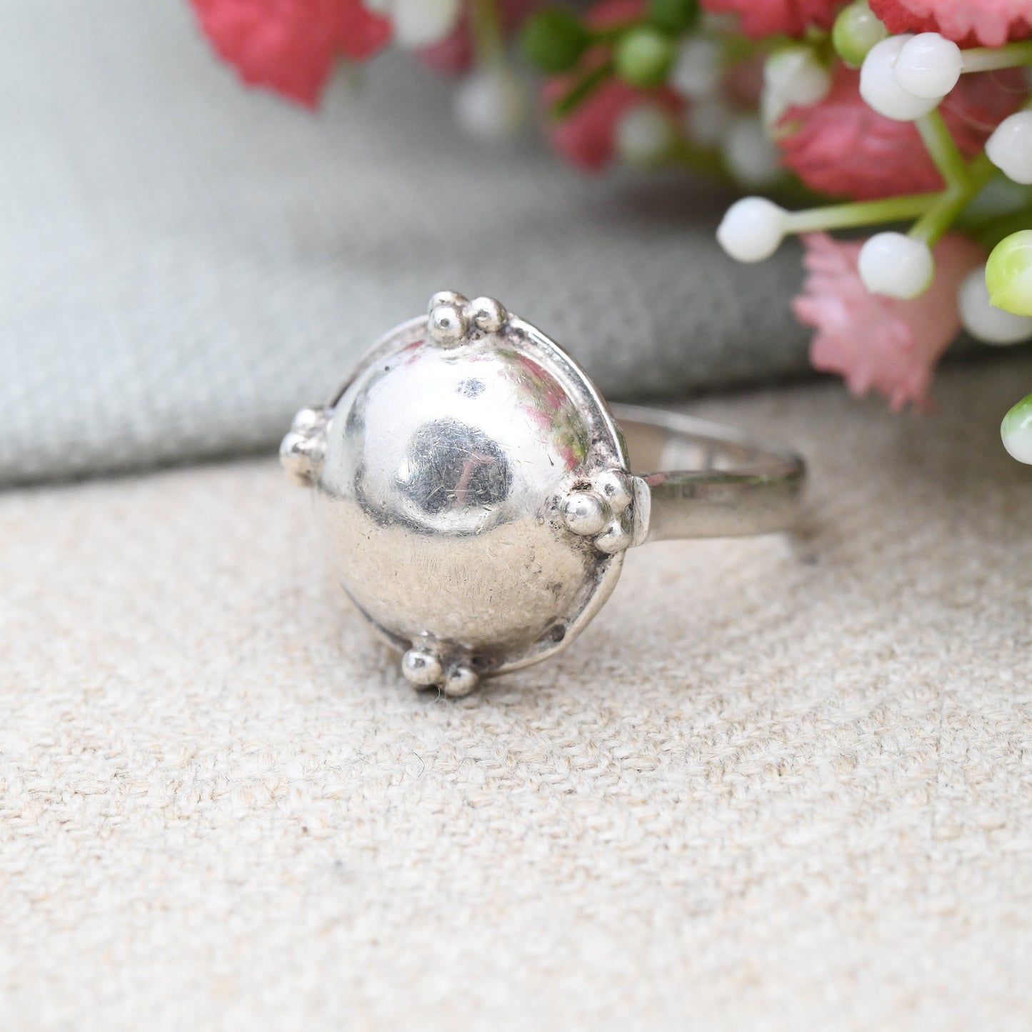 Vintage Sterling Silver Ball Ring Puffed Circle Design - Modernist Unisex Silver | UK Size - Q | US Size - 8