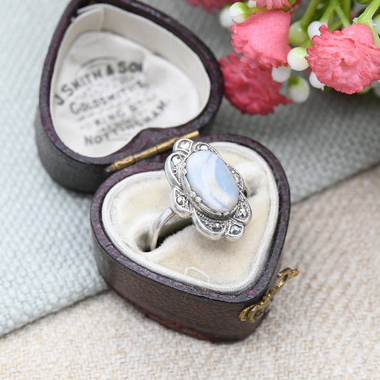 Vintage Silver Marcasite Gemstone Ring - Marble Blue Stone with Sparkly Stones European Art Deco Style | UK Size - K 1/2 | US Size - 5 1/2