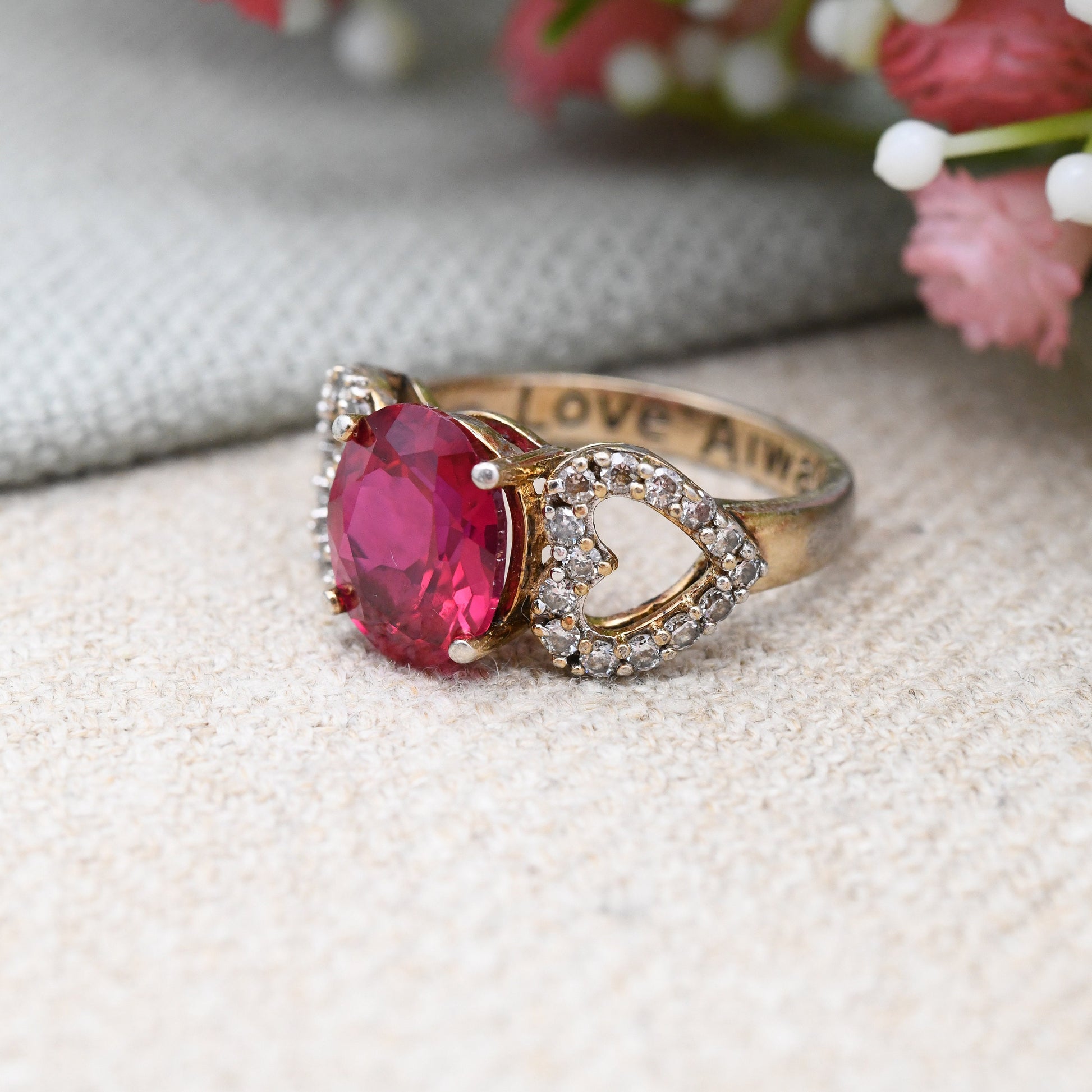 Vintage Sterling Silver Love Always Heart Ring CZ - Pink Stone with Love Heart Shoulders Pretty Gift for Her | UK Size - M | US Size - 6 1/4