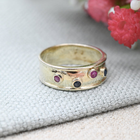 Vintage Sterling Silver Ruby and Sapphire Ring Gold Plated - Pretty Gemstone Jewellery Gift for Her | UK Size - O 1/2 | US Size - 7 1/2