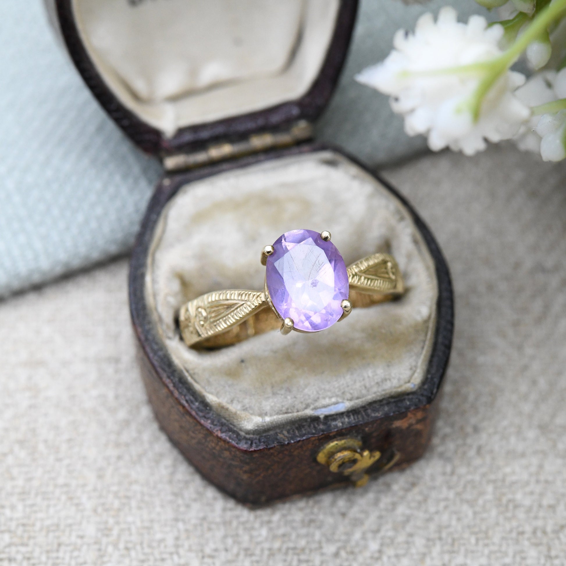 Vintage 9ct Gold Amethyst Sentimental Ring French A Nul Autre To No One Else - Large Purple Stone Solitaire | UK Size - P 1/2 | US Size - 8