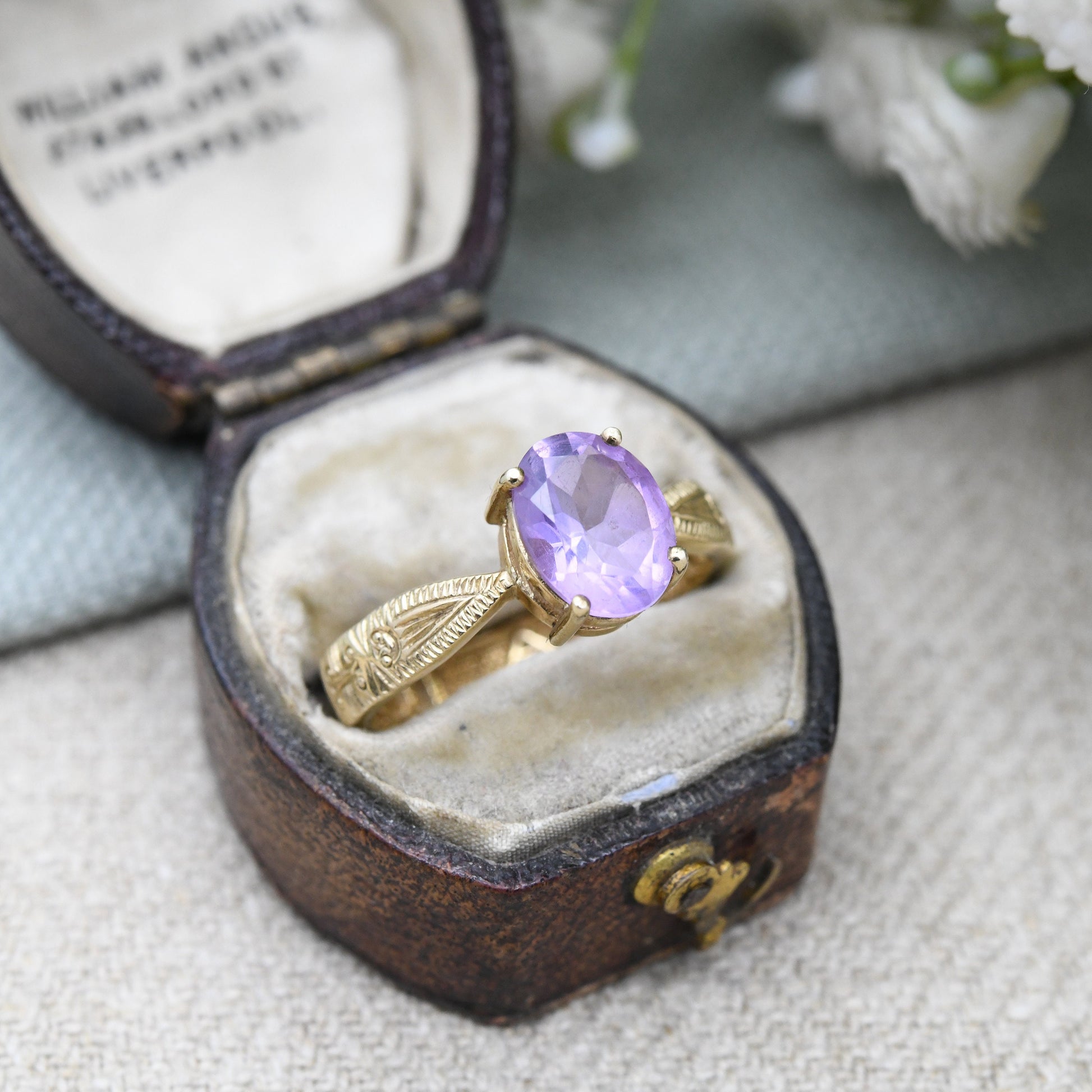 Vintage 9ct Gold Amethyst Sentimental Ring French A Nul Autre To No One Else - Large Purple Stone Solitaire | UK Size - P 1/2 | US Size - 8