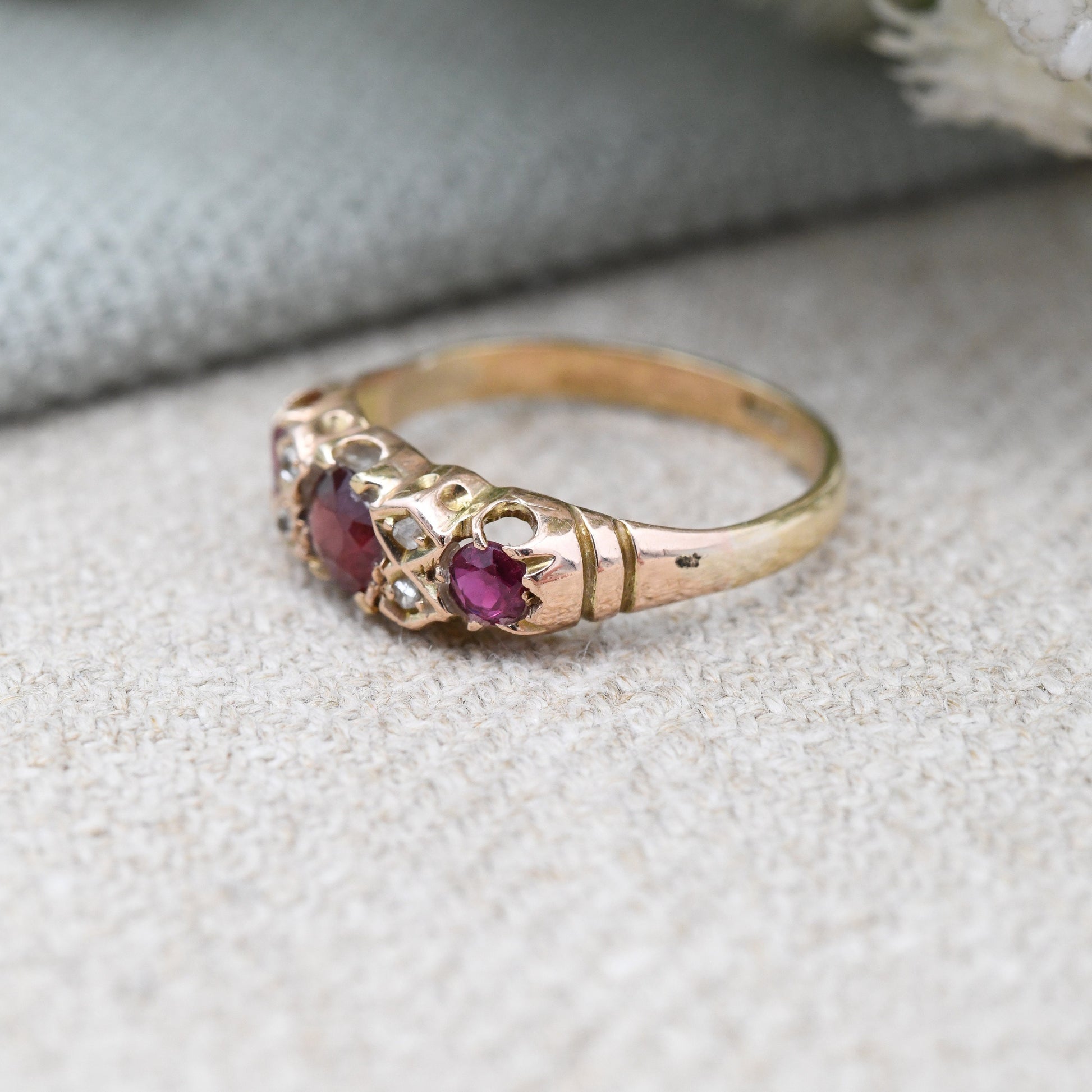 Antique 18ct Gold Ruby Diamond Three Stone Ring - Edwardian Gypsy Ring | Unusual Engagement Ring | UK Size - L | US Size - 5 3/4