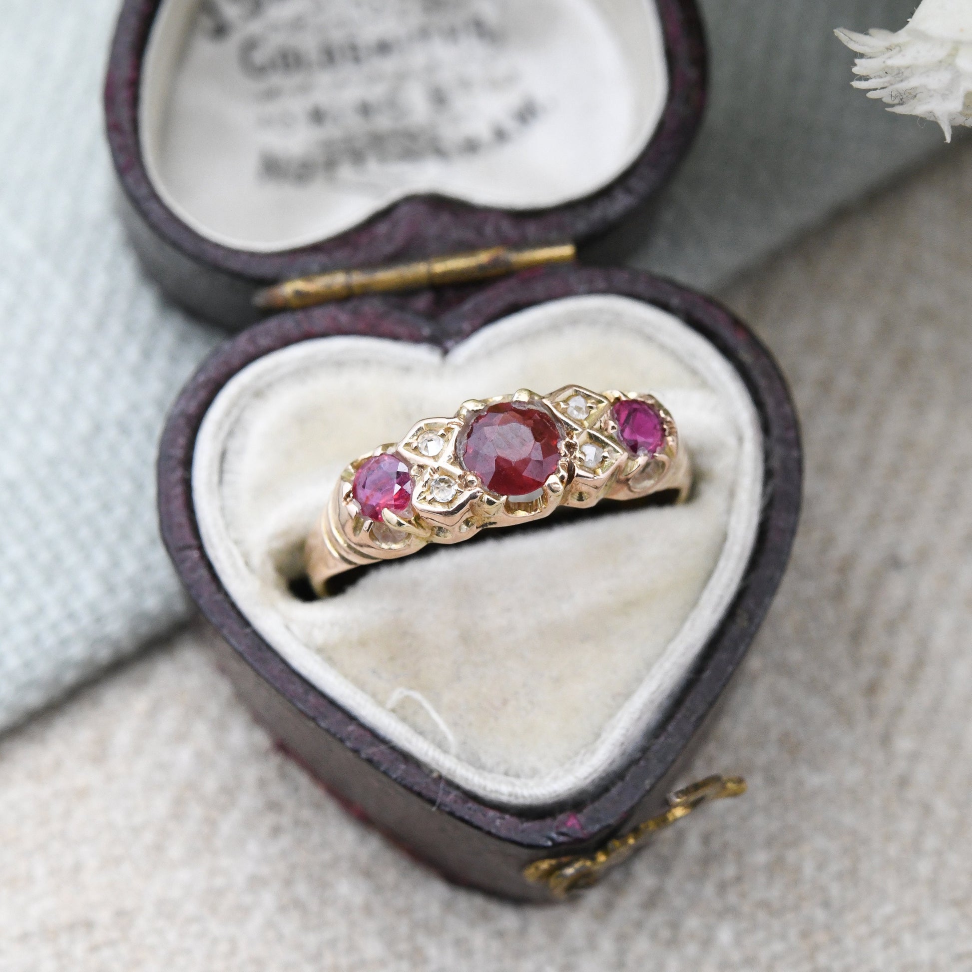 Antique 18ct Gold Ruby Diamond Three Stone Ring - Edwardian Gypsy Ring | Unusual Engagement Ring | UK Size - L | US Size - 5 3/4