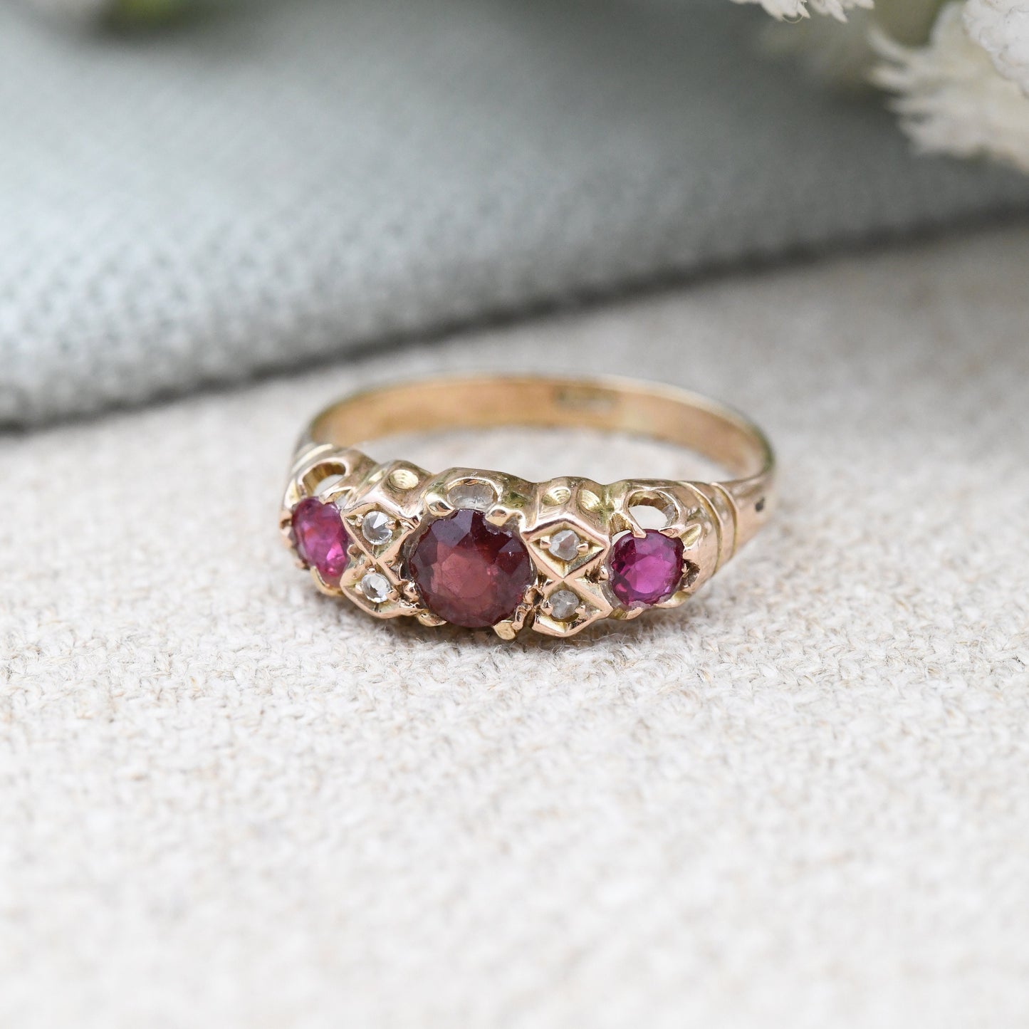 Antique 18ct Gold Ruby Diamond Three Stone Ring - Edwardian Gypsy Ring | Unusual Engagement Ring | UK Size - L | US Size - 5 3/4