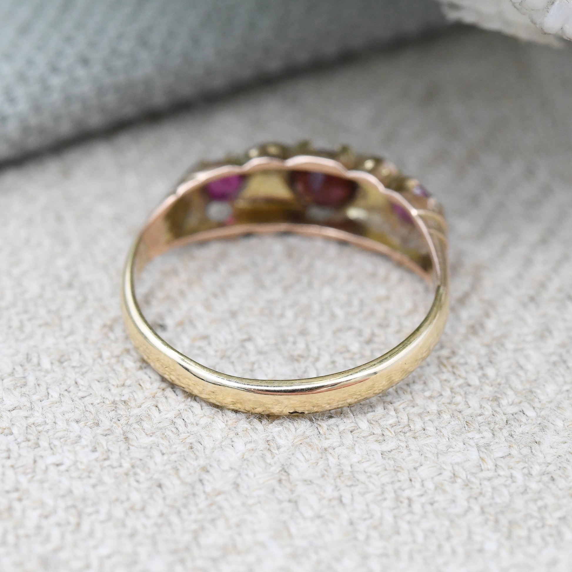 Antique 18ct Gold Ruby Diamond Three Stone Ring - Edwardian Gypsy Ring | Unusual Engagement Ring | UK Size - L | US Size - 5 3/4