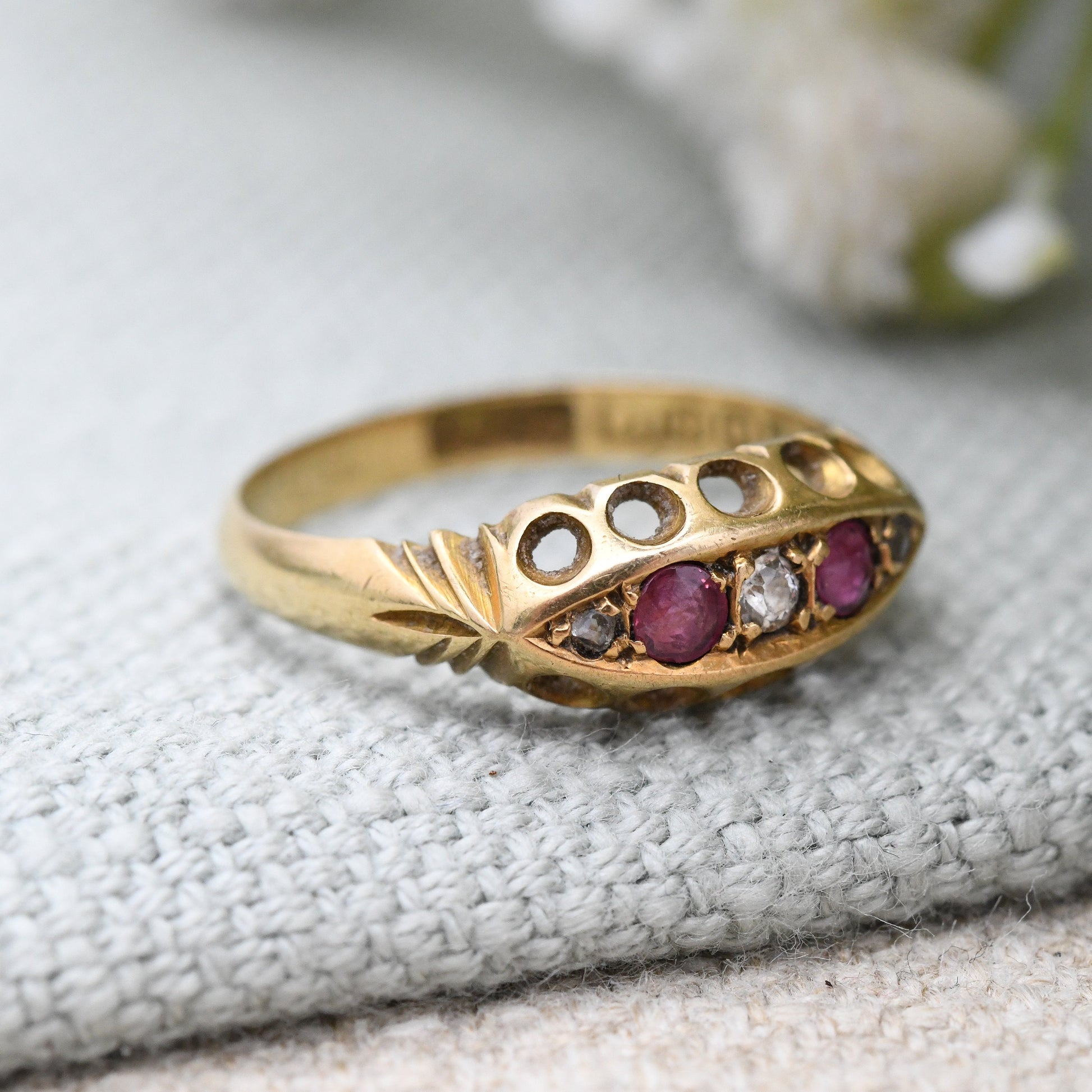 Antique Edwardian 18ct Gold Ruby and Diamond Boat Ring 1905- Pretty Five Stone Ring | Anniversary Gift | UK Size - L | US Size - 5 3/4