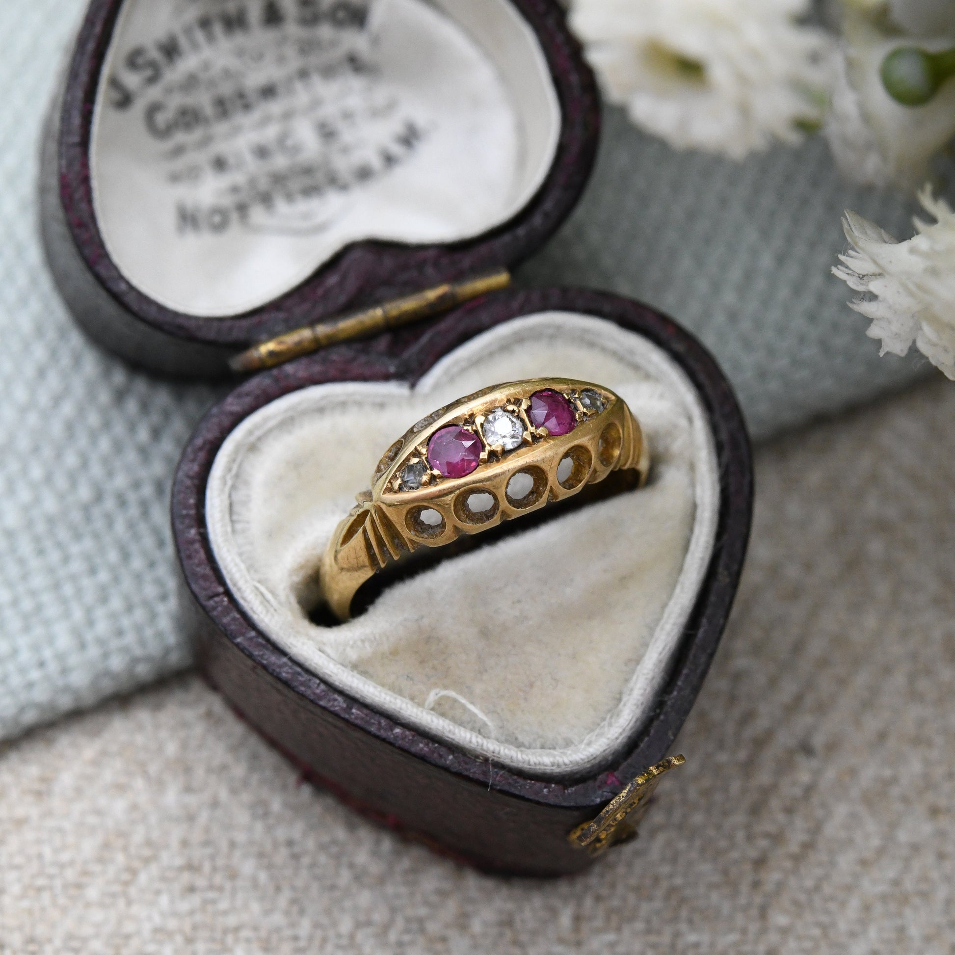 Antique Edwardian 18ct Gold Ruby and Diamond Boat Ring 1905- Pretty Five Stone Ring | Anniversary Gift | UK Size - L | US Size - 5 3/4