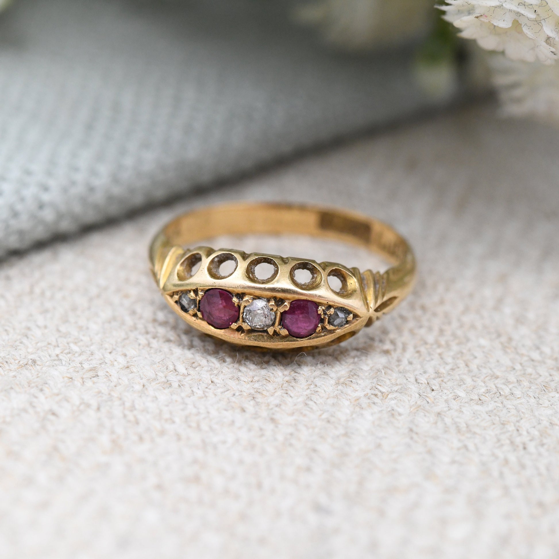 Antique Edwardian 18ct Gold Ruby and Diamond Boat Ring 1905- Pretty Five Stone Ring | Anniversary Gift | UK Size - L | US Size - 5 3/4