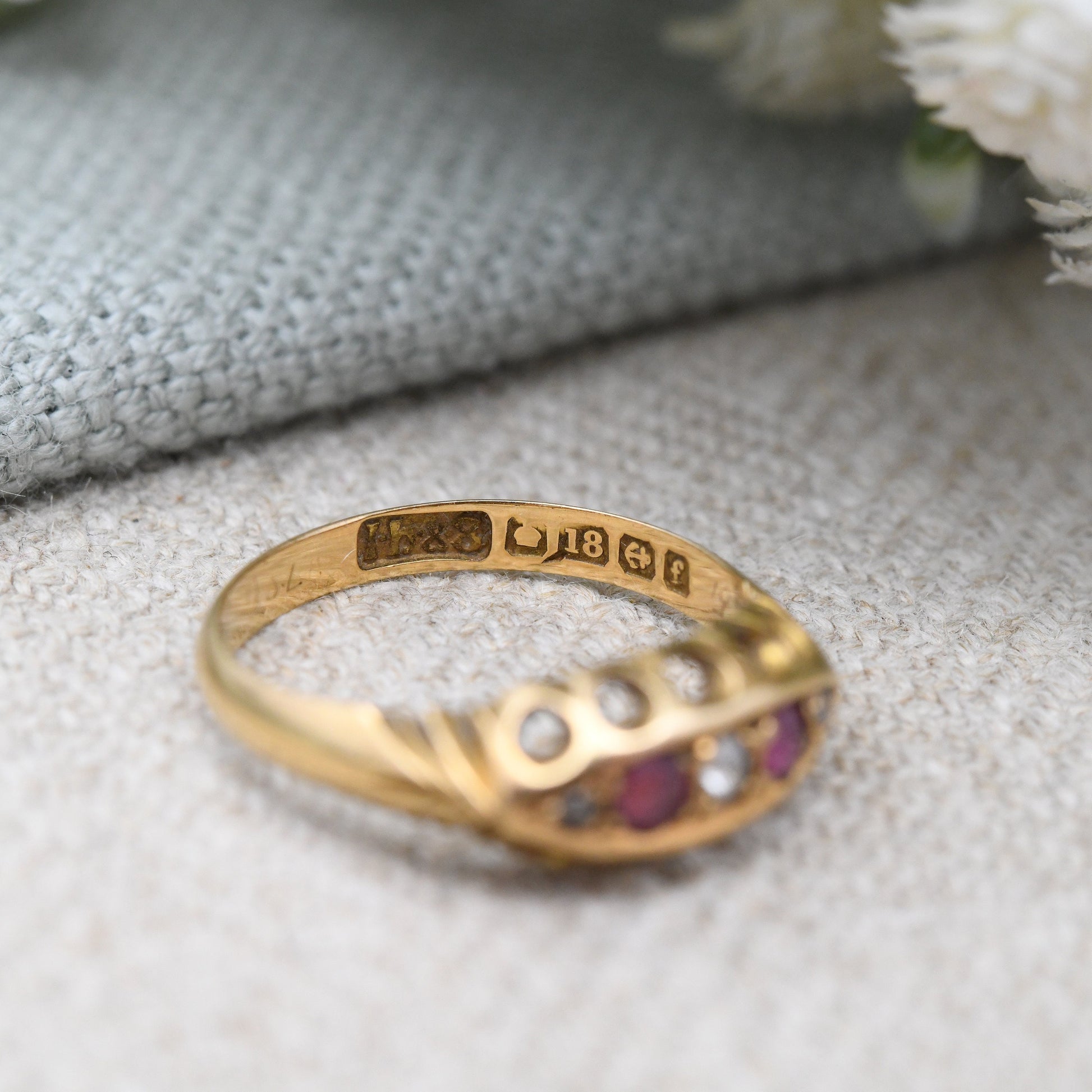 Antique Edwardian 18ct Gold Ruby and Diamond Boat Ring 1905- Pretty Five Stone Ring | Anniversary Gift | UK Size - L | US Size - 5 3/4