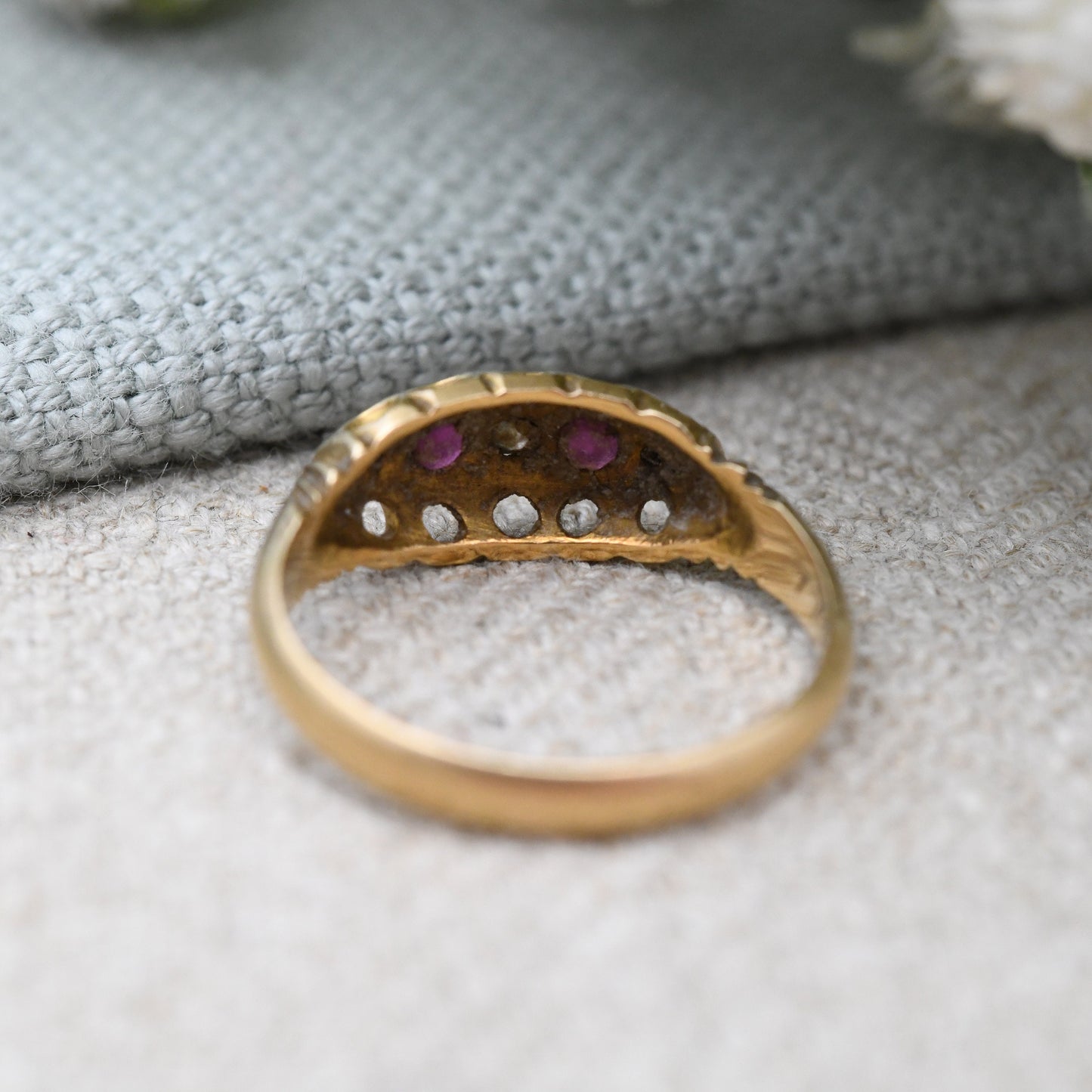 Antique Edwardian 18ct Gold Ruby and Diamond Boat Ring 1905- Pretty Five Stone Ring | Anniversary Gift | UK Size - L | US Size - 5 3/4