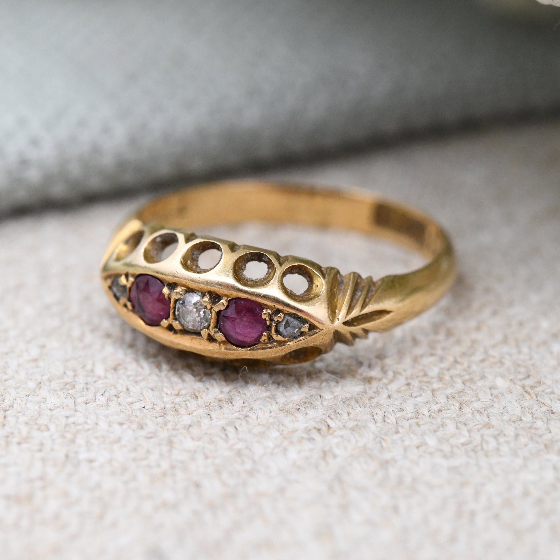 Antique Edwardian 18ct Gold Ruby and Diamond Boat Ring 1905- Pretty Five Stone Ring | Anniversary Gift | UK Size - L | US Size - 5 3/4