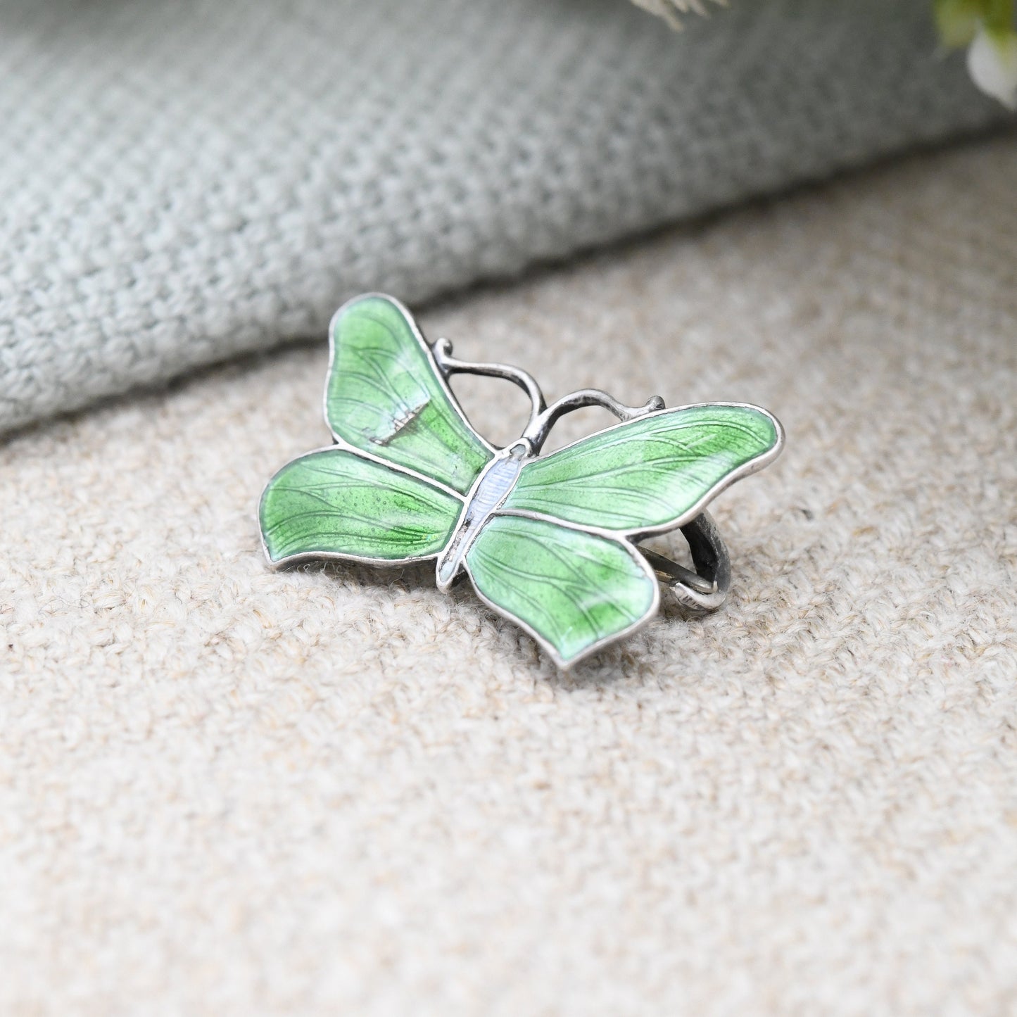 Antique Sterling Silver Guilloche Enamel Butterfly Brooch by John Atkins and Son JA&S - Small Green Enamel Insect Pin