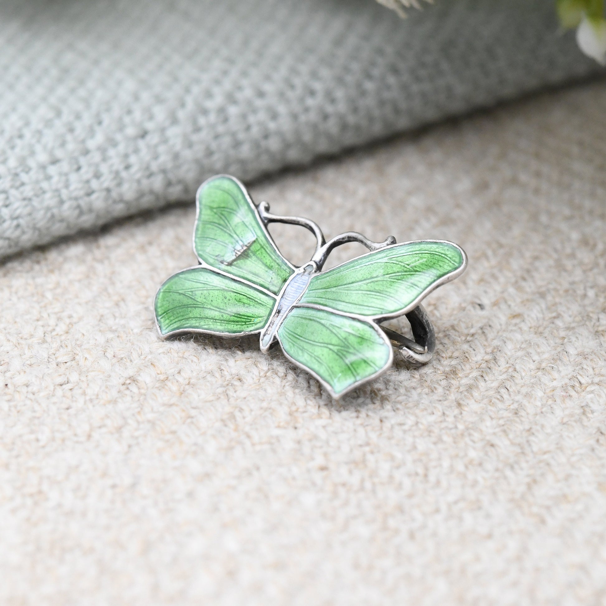 Antique Sterling Silver Guilloche Enamel Butterfly Brooch by John Atkins and Son JA&S - Small Green Enamel Insect Pin