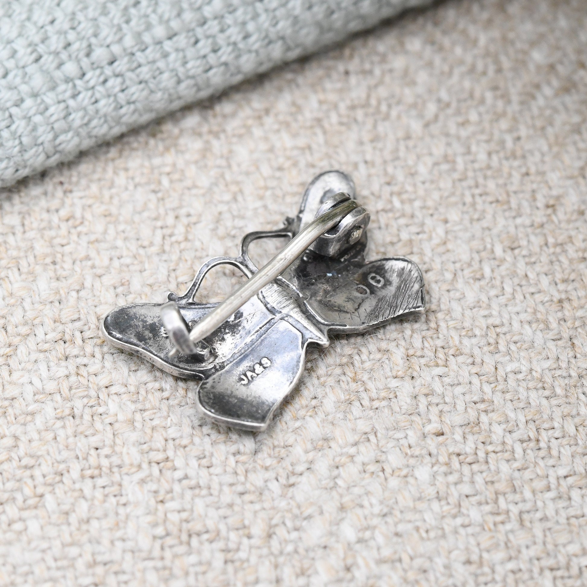 Antique Sterling Silver Guilloche Enamel Butterfly Brooch by John Atkins and Son JA&S - Small Green Enamel Insect Pin