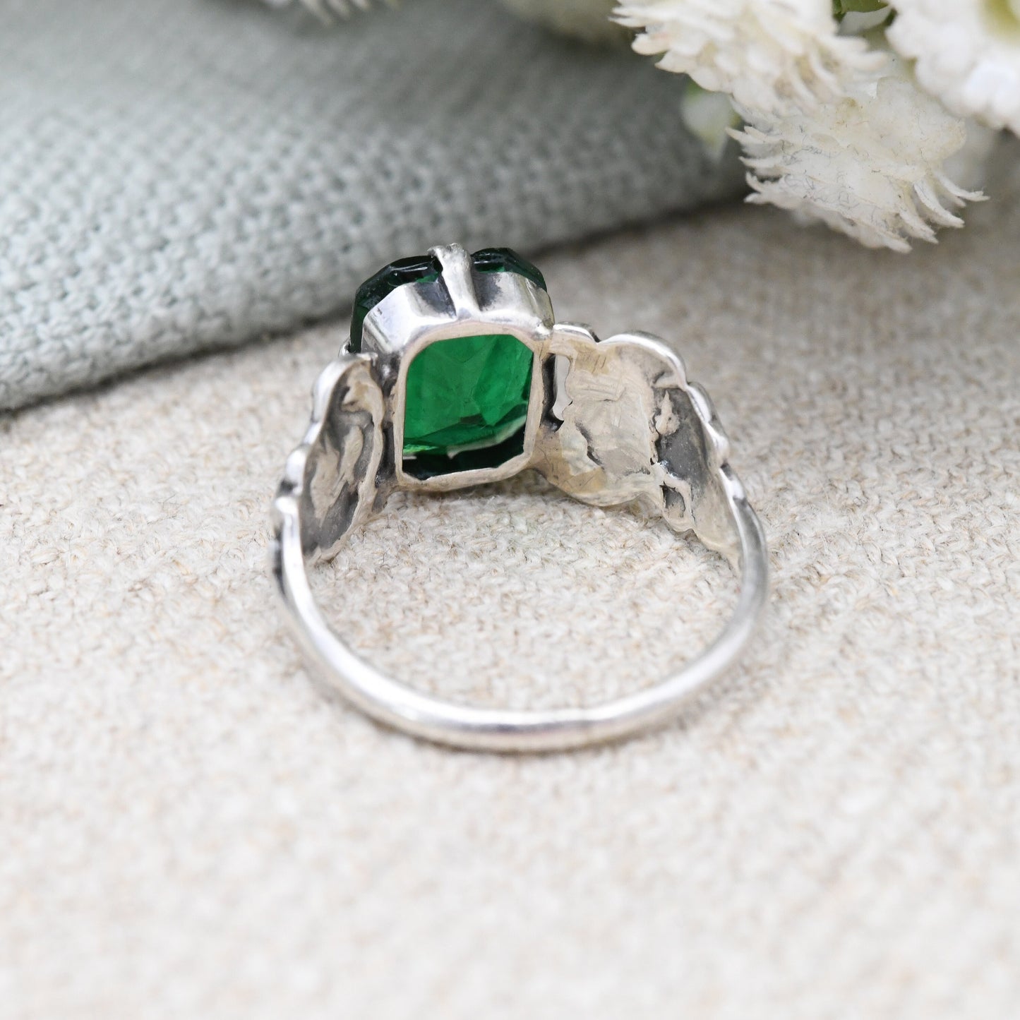 Vintage Sterling Silver Paste Ring Art Nouveau Style Flowers - Emerald Green Stone Cocktail Ring Art Deco | UK Size - N | US Size - 6 3/4