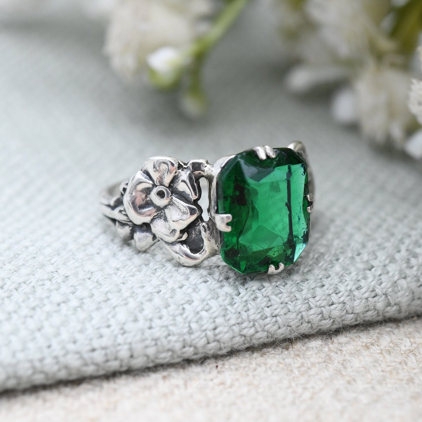 Vintage Sterling Silver Paste Ring Art Nouveau Style Flowers - Emerald Green Stone Cocktail Ring Art Deco | UK Size - N | US Size - 6 3/4