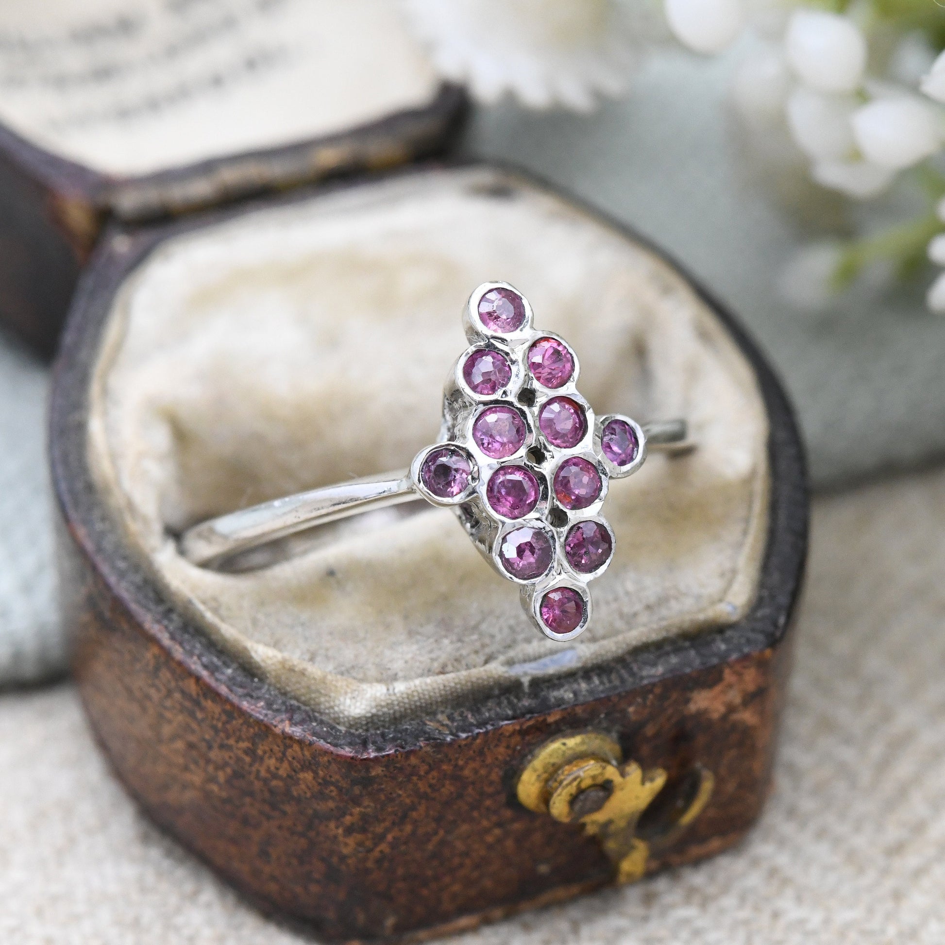 Vintage Sterling Silver Ruby Cluster Ring - July Birthstone Pretty Gift for Her | UK Size - Q 1/2 | US Size - 8 1/4