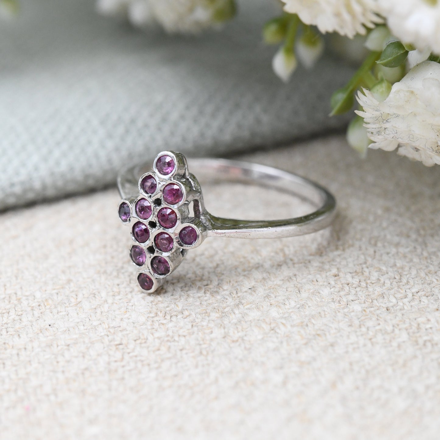 Vintage Sterling Silver Ruby Cluster Ring - July Birthstone Pretty Gift for Her | UK Size - Q 1/2 | US Size - 8 1/4