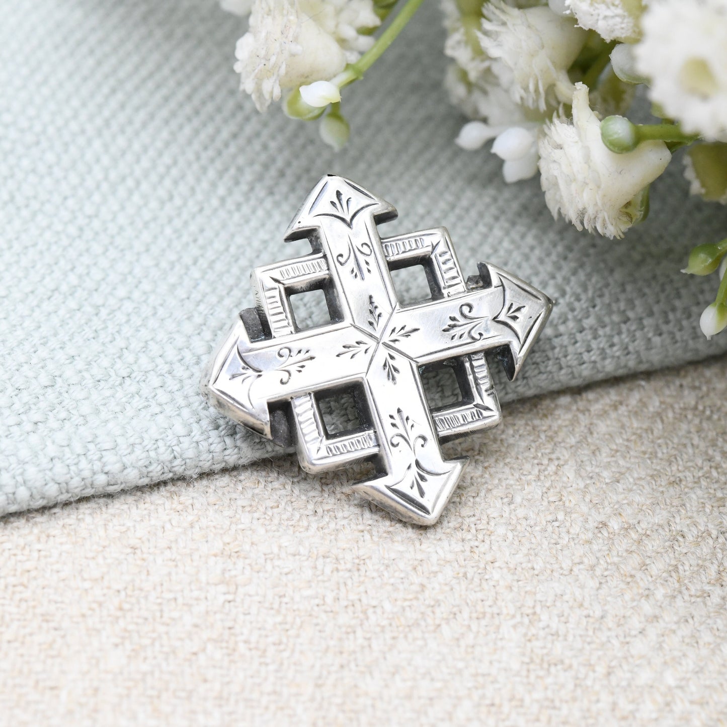 Antique Victorian Sterling Silver Square Arrow Cross Brooch - Equal Sided Cross | Christian Religion | Hollow Silver Brooch Pin