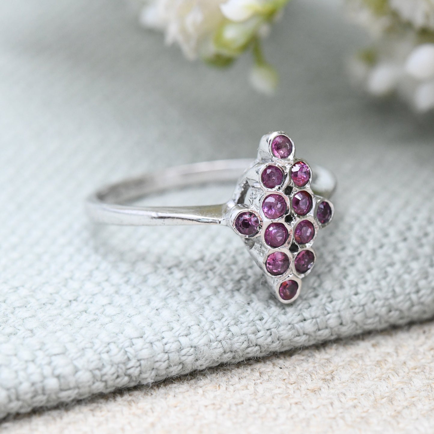 Vintage Sterling Silver Ruby Cluster Ring - July Birthstone Pretty Gift for Her | UK Size - Q 1/2 | US Size - 8 1/4