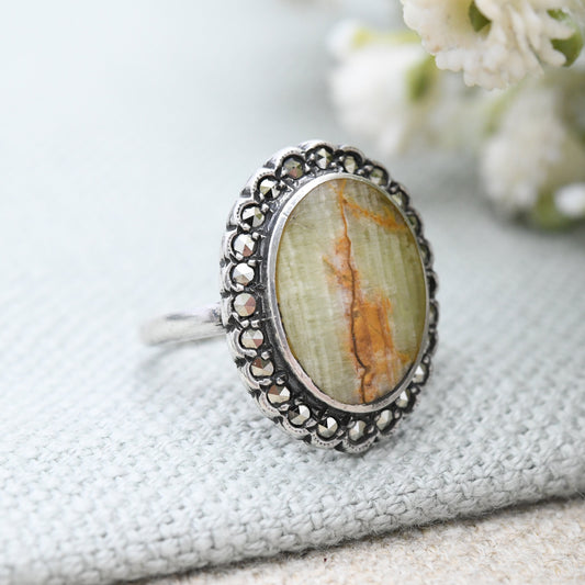 Vintage Sterling Silver Marcasite Marble Onyx Ring - True Vintage Statement | Art Deco Style Cocktail 1940s | UK Size - N | US Size - 6 1/2