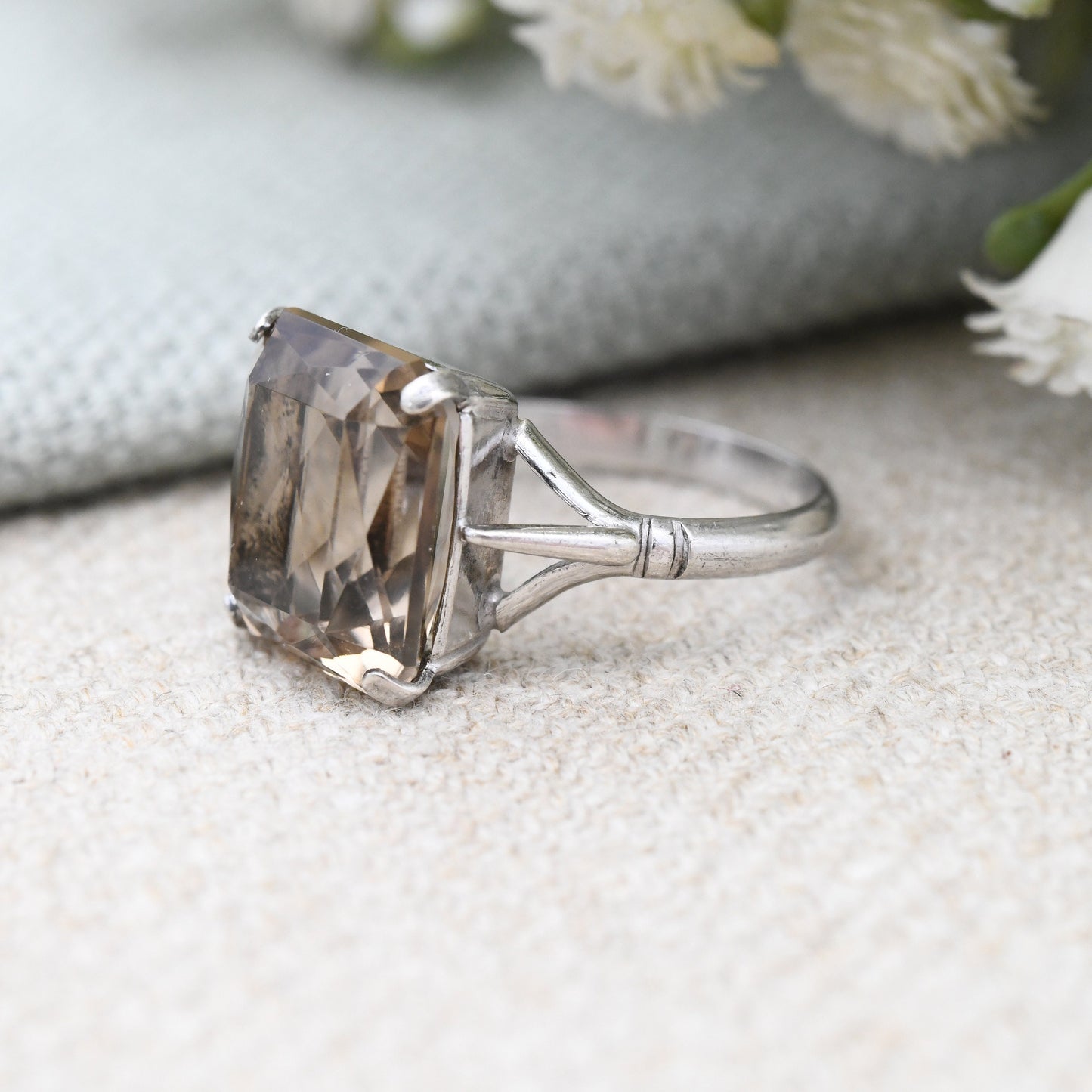 Vintage Sterling Silver Smoky Quartz Ring WBS Ward Brothers - Mid-Century Faceted Brown Gemstone Solitaire | UK Size - K 1/2 US Size - 5 1/2