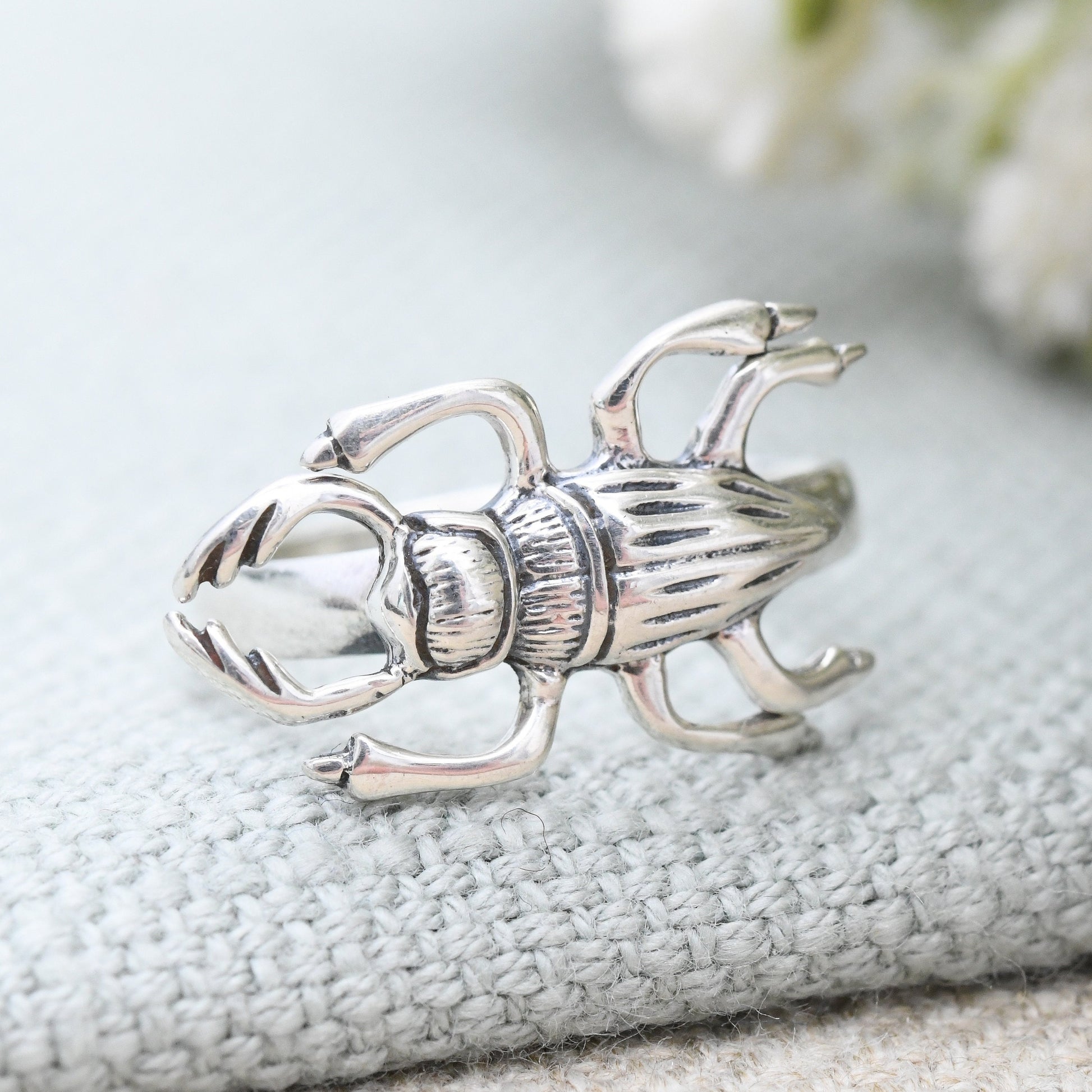 Vintage Sterling Silver Beetle Ring - Unusual Insect Jewellery | Statement Scary Halloween Gift | UK Size - M 1/2 | US Size - 6 1/2