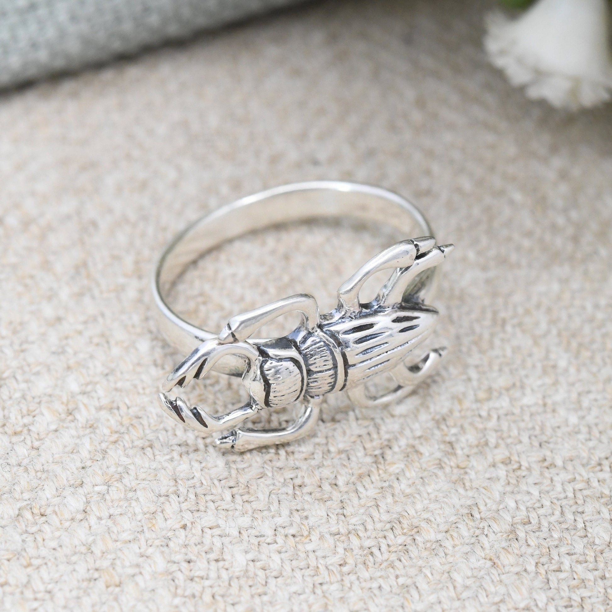 Vintage Sterling Silver Beetle Ring - Unusual Insect Jewellery | Statement Scary Halloween Gift | UK Size - M 1/2 | US Size - 6 1/2