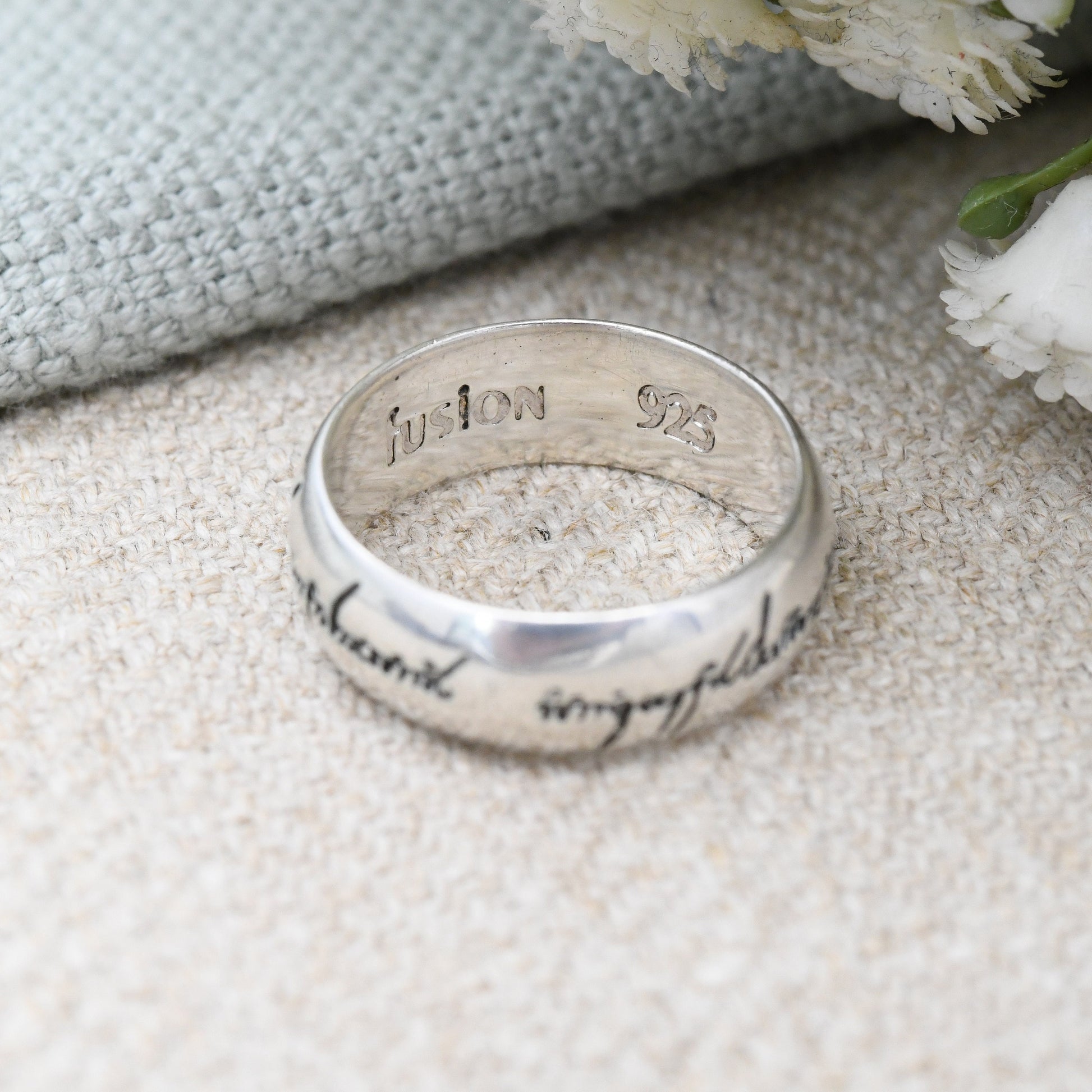 Sterling Silver The Lord of the Rings One Ring Fusion - Unisex Chunky Silver Band Black Speech Inscription | UK Size - L | US Size - 5 3/4