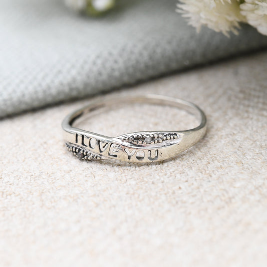 Vintage 9ct White Gold I Love You Ring with Diamond - Everyday Gold Jewellery Gift for Girlfriend Twist Band | UK Size - T | US Size - 9 1/2