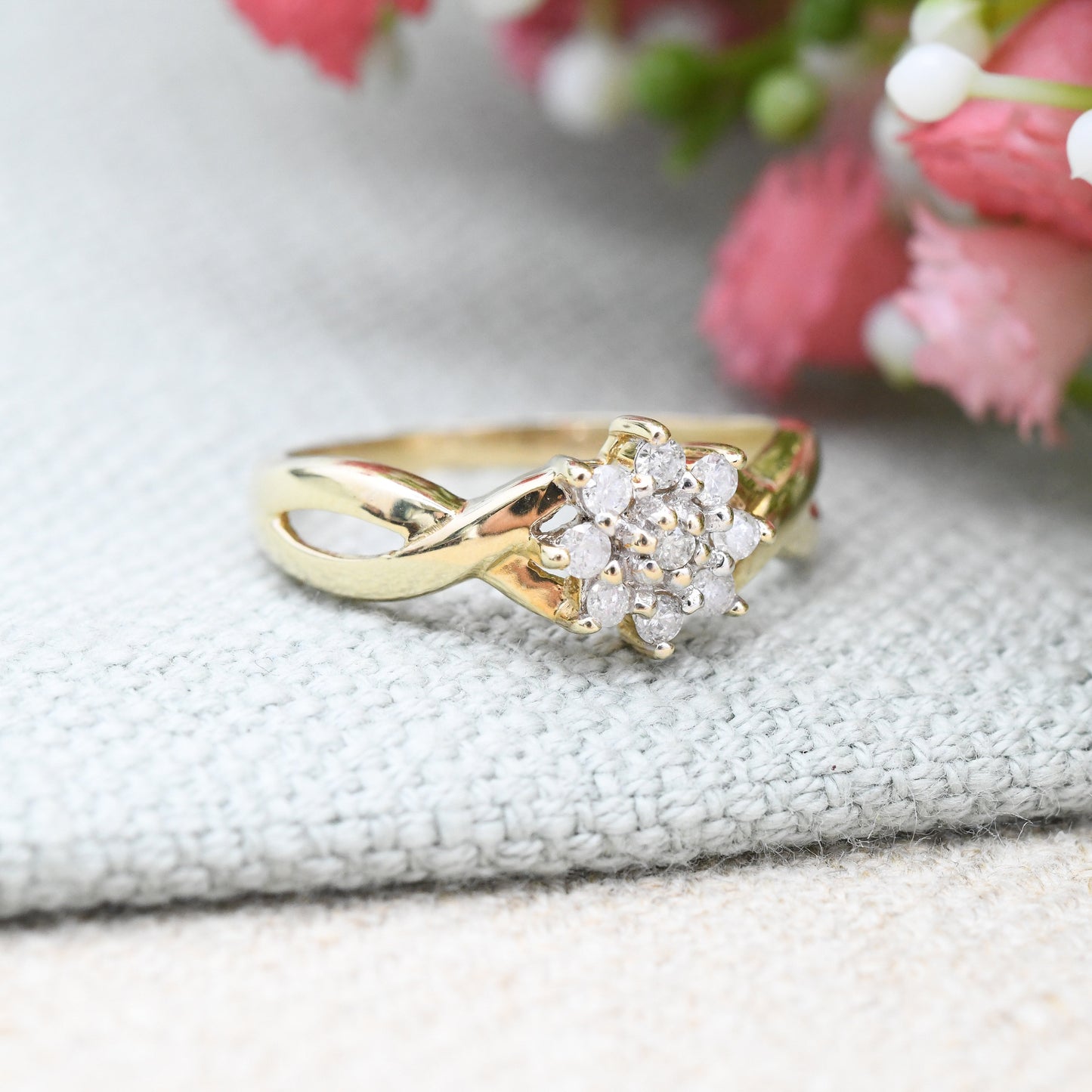 Vintage 10ct Gold and Diamond Flower Cluster Ring with Twist Band - Statement Engagement | Elven Flower | UK Size - N 1/2 | US Size - 7