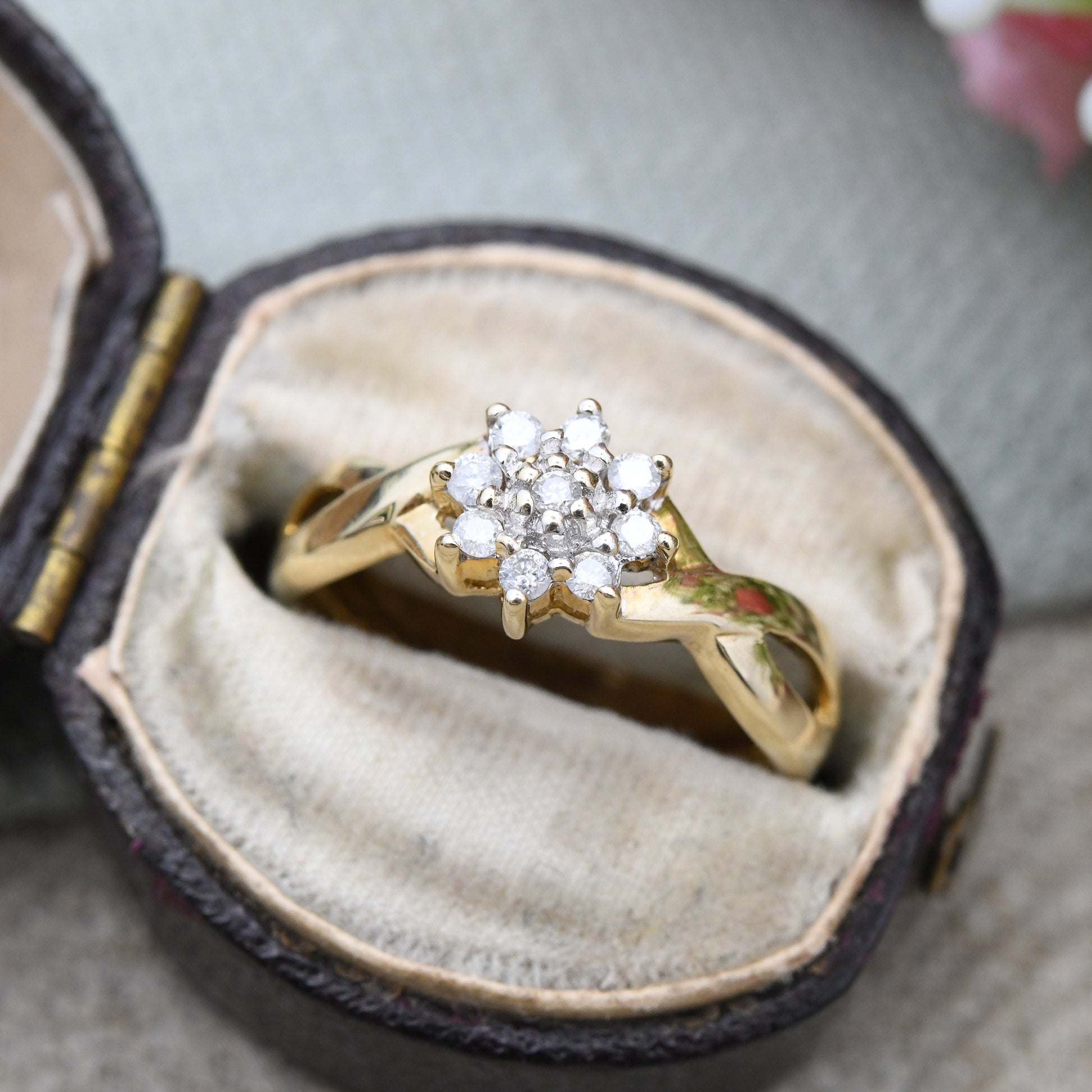 Vintage 10ct Gold and Diamond Flower Cluster Ring with Twist Band - Statement Engagement | Elven Flower | UK Size - N 1/2 | US Size - 7