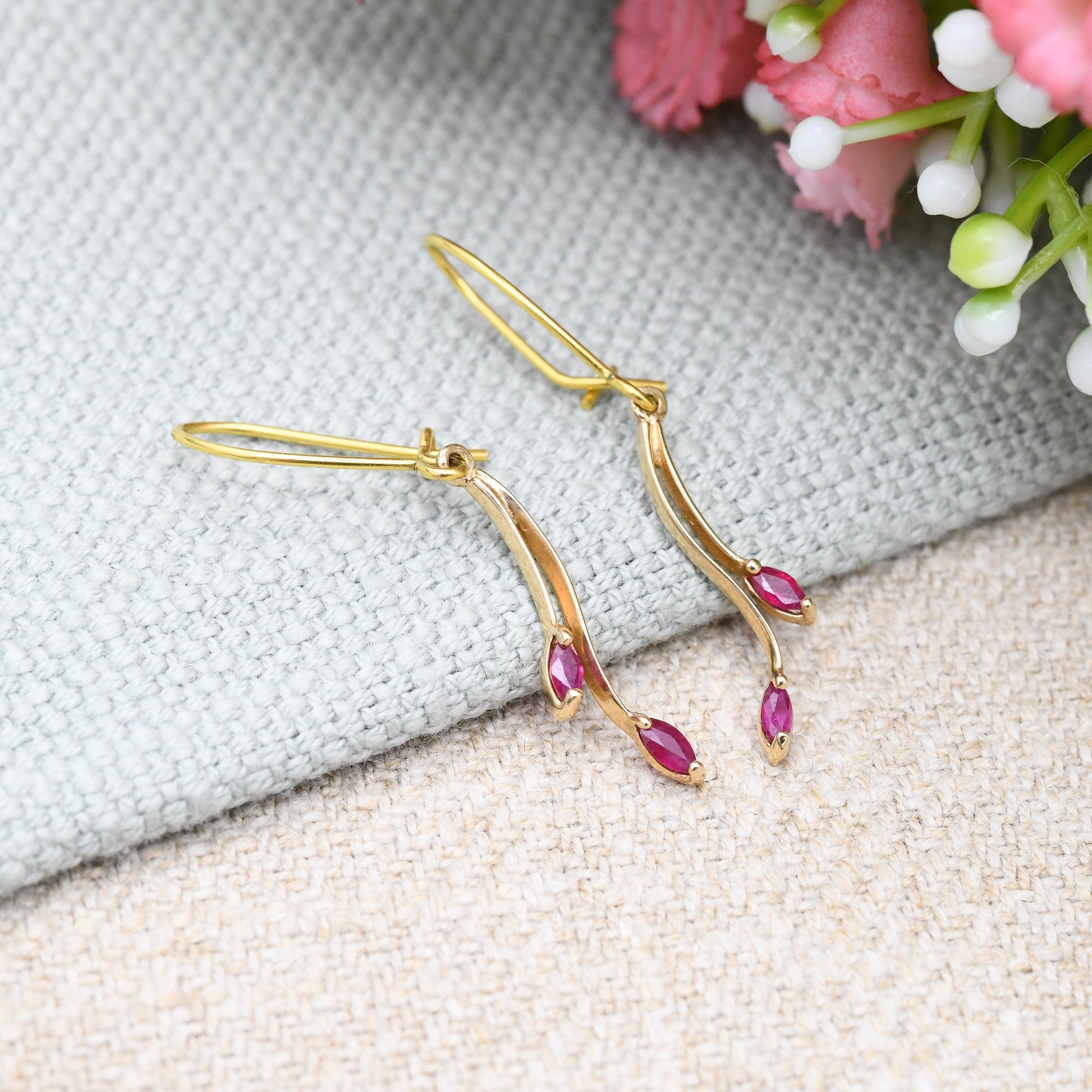 Vintage 9ct Gold Ruby Drop Earrings - Delicate Dangle Earrings with Marquise Shape Gemstones | July Birthday Birthstone