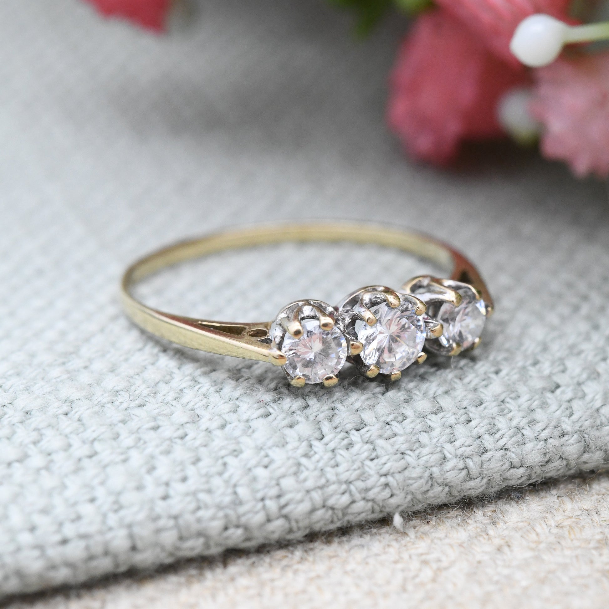 Vintage 9ct Gold and White Stone Trilogy Ring - 9K / Engagement Ring / Gift / 3 Stone / London / UK Size - N / US Size - 6 3/4