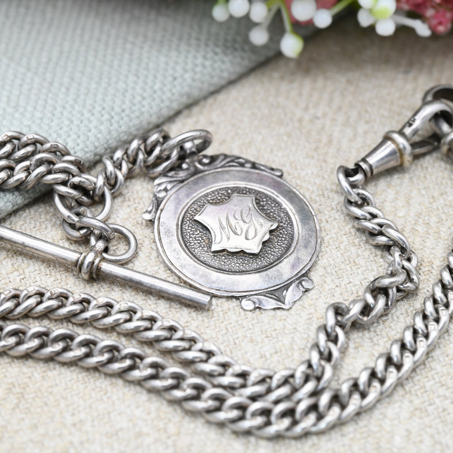 Vintage Sterling Silver Double Albert Chain Necklace with Watch Fob T-Bar & Dog Clips 1936 1937 by Robert Pringle - Moving Sliding Pendant