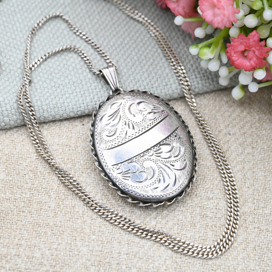 Vintage Sterling Silver Locket Pendant Necklace with Engraved Design 1995 - Space for Engraving Oval Shape on Flat Curb Chain | Pretty Gift