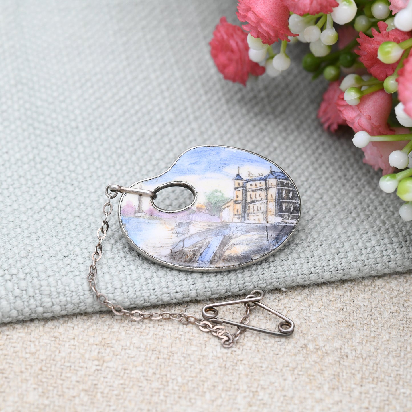 Vintage Enamel Paint Palette Brooch with River City Scene - Unusual Vintage Costume Brooch | Detailed Landscape Painting | Gift for Artist