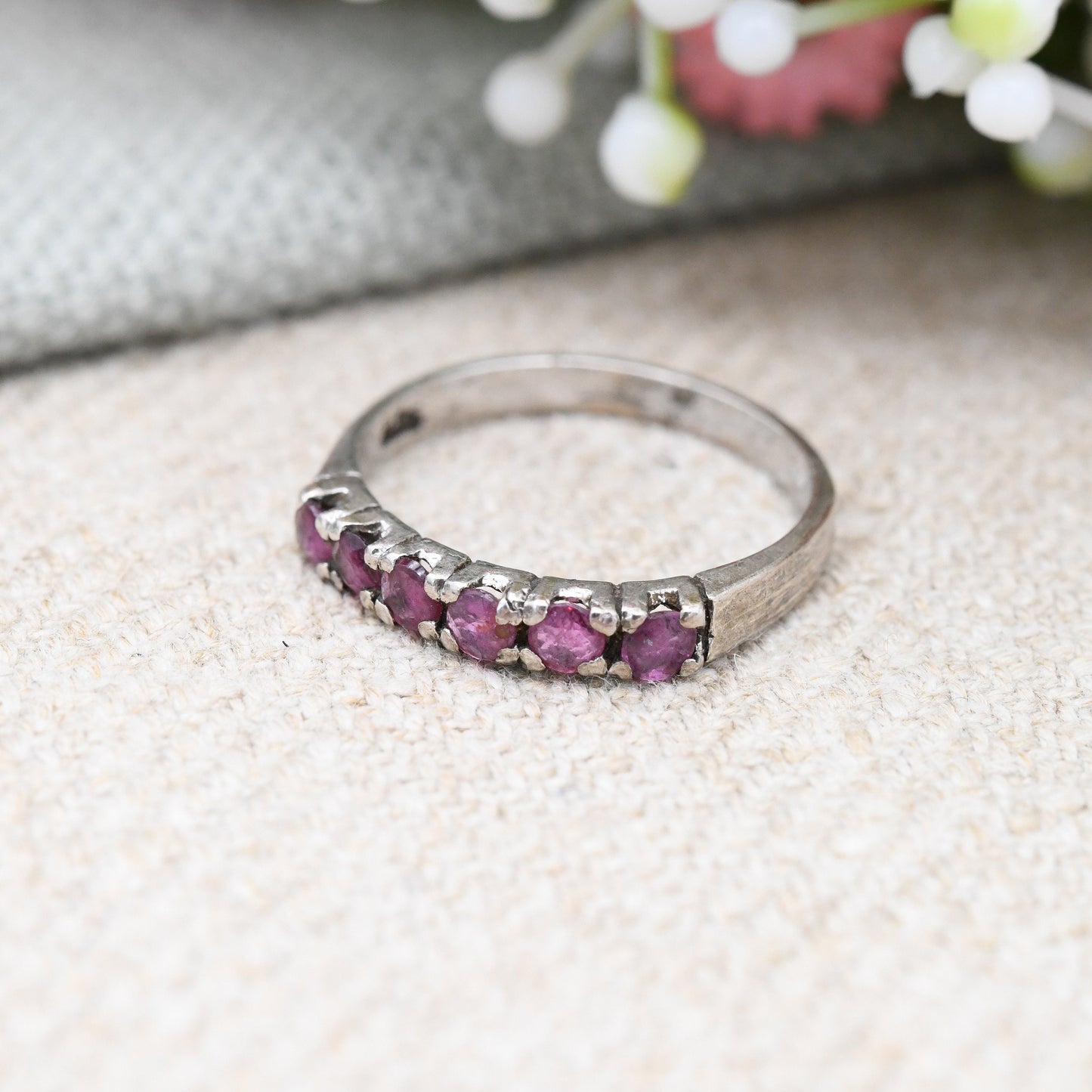 Vintage Sterling Silver Ruby Ring - July Birthstone Pretty Gift for Her | Pave Set Bar | UK Size - J 1/2 | US Size - 5