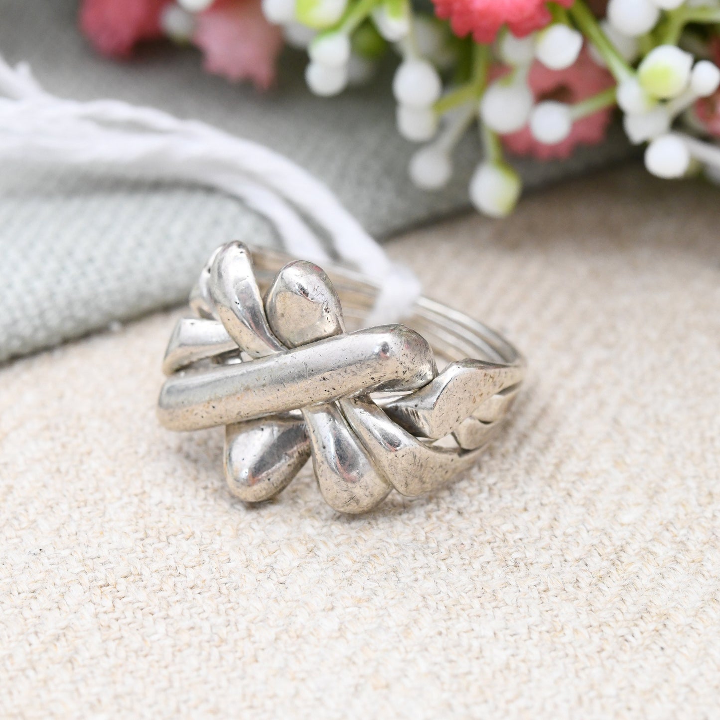 Vintage Sterling Silver Puzzle Ring Mid-Century Chunky - Separate Four Band Puzzle Crossed Star Band | UK Size - S 1/2 | US Size - 9 1/4