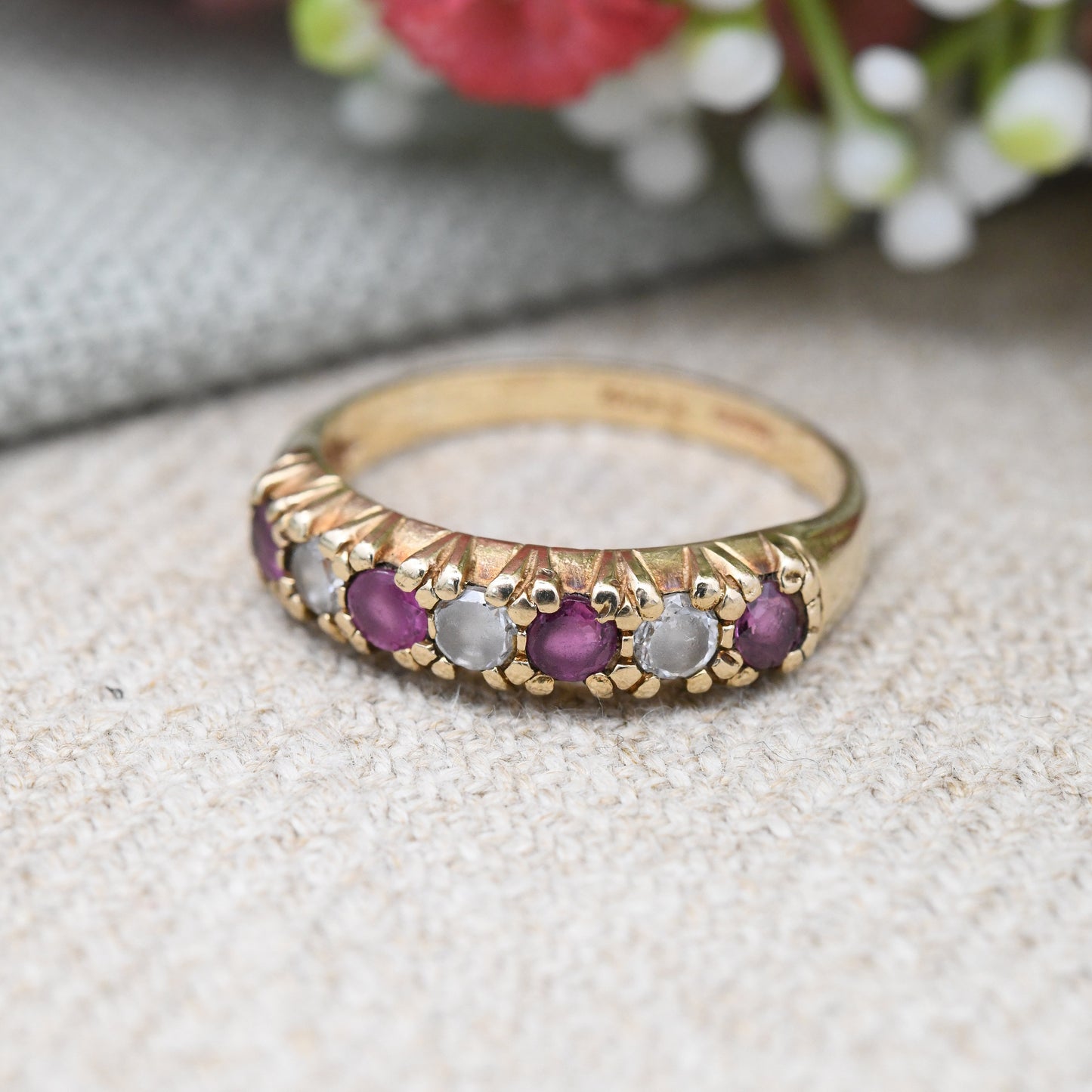 Vintage 9ct Gold Garnet Half Eternity Ruby Ring - Red and Clear Gemstone Band Ring | UK Size - M | US Size - 6 1/4