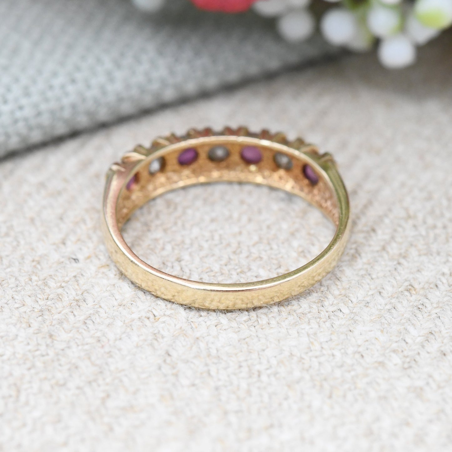 Vintage 9ct Gold Garnet Half Eternity Ruby Ring - Red and Clear Gemstone Band Ring | UK Size - M | US Size - 6 1/4