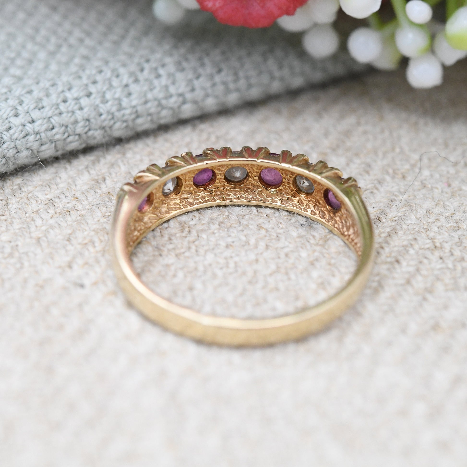 Vintage 9ct Gold Garnet Half Eternity Ruby Ring - Red and Clear Gemstone Band Ring | UK Size - M | US Size - 6 1/4