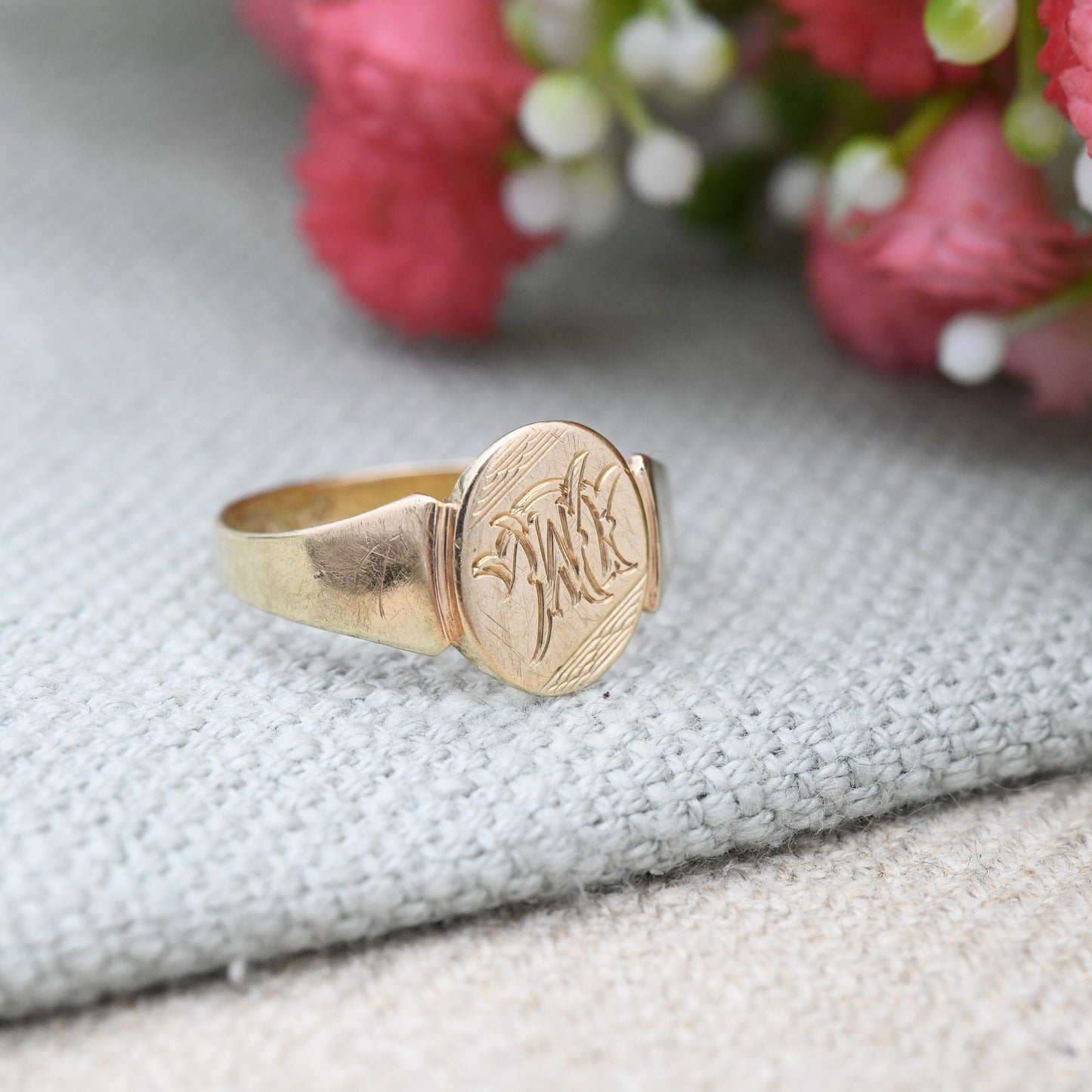 Vintage 9ct Gold Monogram Signet Ring 1955 - Mid-Century Engraved Initial Ring | Unisex Gold Pinkie Ring | UK Size - L | US Size - 5 3/4